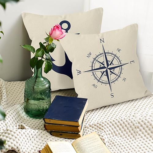 Miniatura 5 de HUYAW Juego de 4 fundas de almohada de brújula de ancla de barco náutico azul marino, regalos náuticos, fundas de almohada de barco de 18 x 18