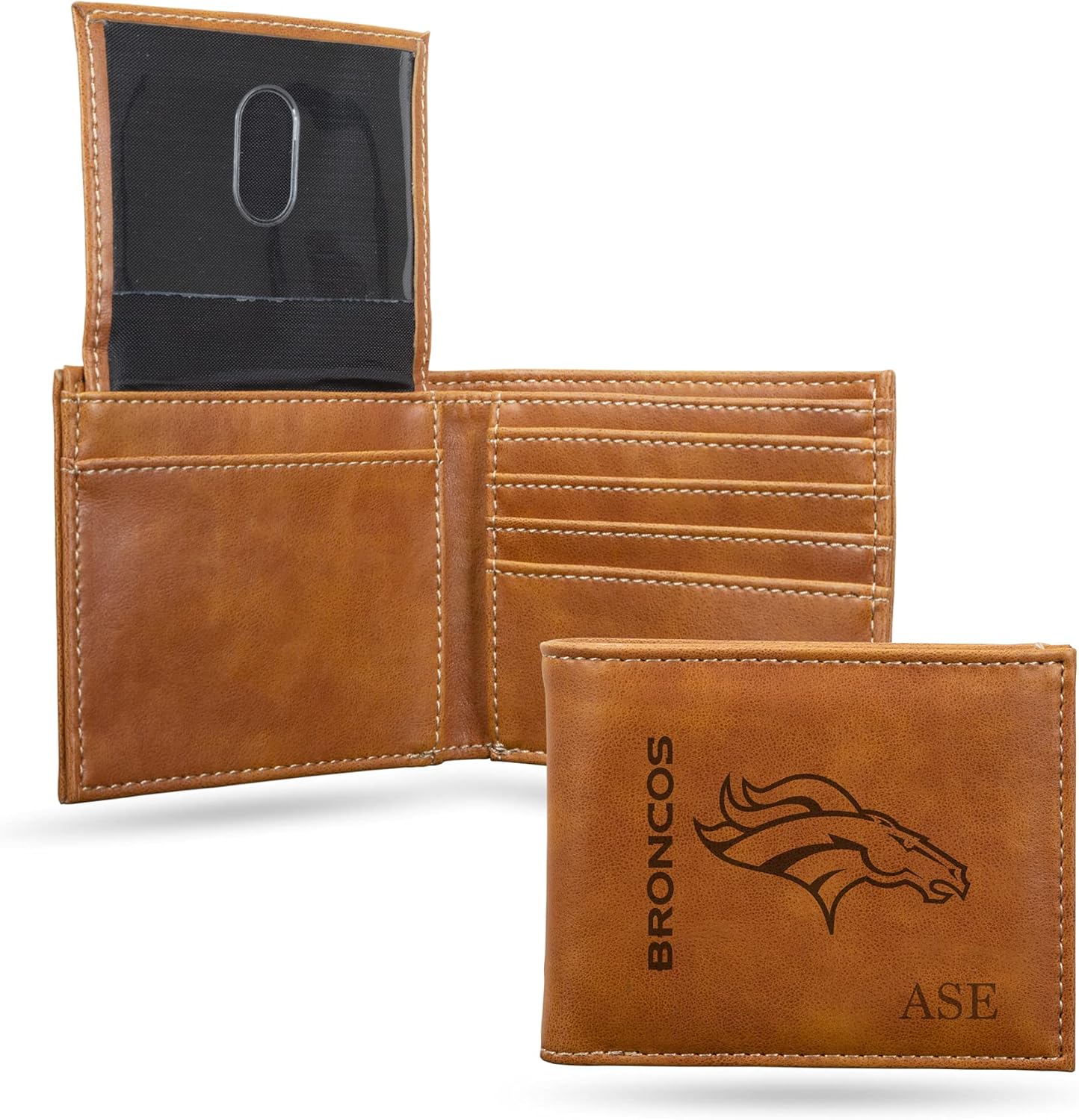 Rico Industries NFL Denver Broncos Brown Personalized/Custom Laser Engraved Billfold Wallet - Slim/Light Weight - Great Gift