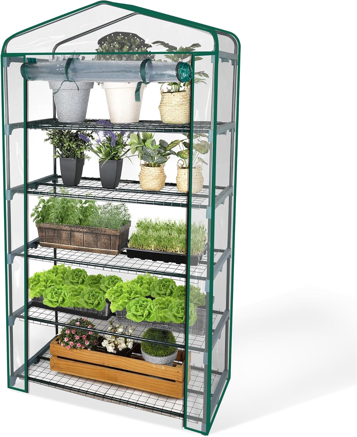 Small Greenhouse for Outdoors, Indoor Mini Greenhouse with Plastic Cover, Portable 5 Tier Plant Shelves, Green Houses for Outside Backyard, Winter Plants Warmer, Green, 19″x40″x75″