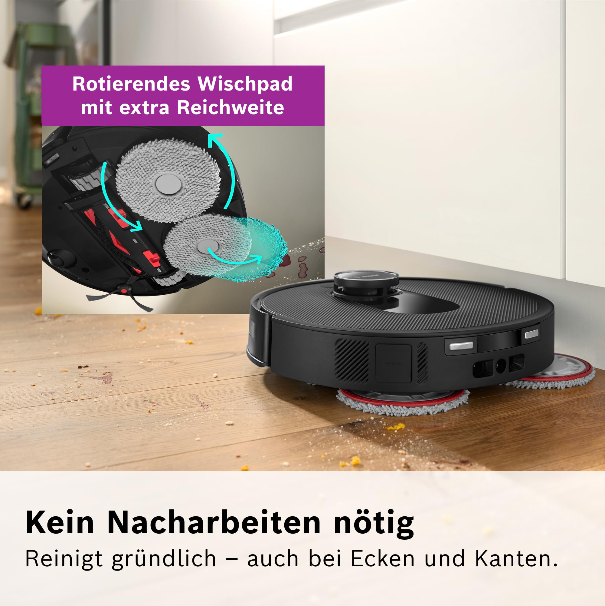 Bosch Spotless Max BCRDW3B Saugroboter mit Wischfunktion, 11.000 Pa Saugkraft, rotierende Wischpads, Nass-Trocken-Servicestation, Selbstreinigung, Smart Vision Navigation, Steuerung per App, schwarz