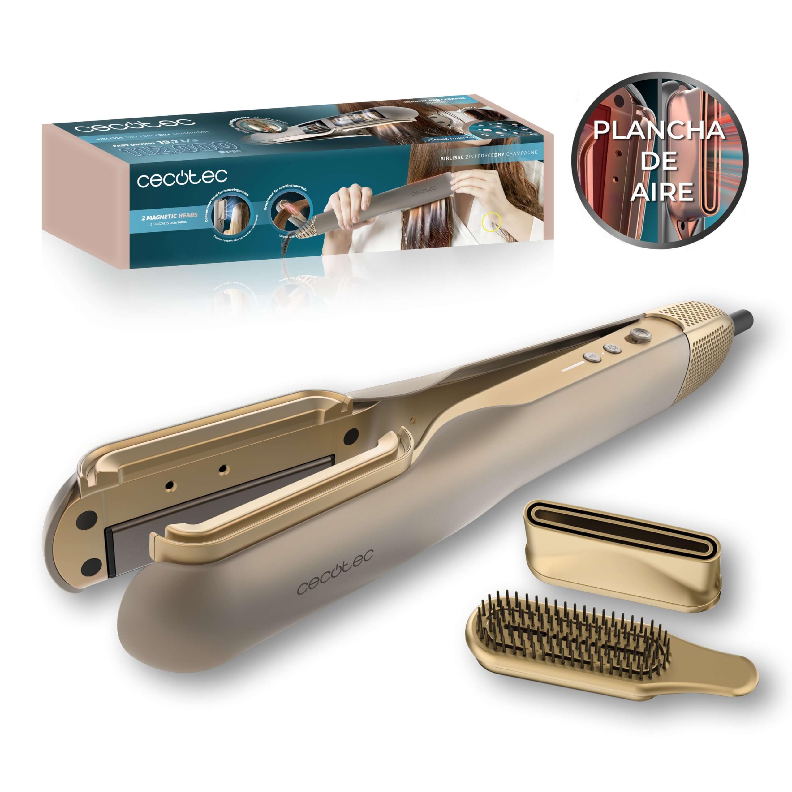 Cecotec AirLisse 2'si 1 arada ForceDry Şampanya Hava Düzleştirici, 1000 W, 19,7 m/s Hava Akımı, 2 Mıknatıslı Başlık, Buğulanma Yok, Plazma Fonksiyonu, Fırçasız Motor, 4 Sıcaklık ve 2 Hız