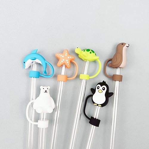 Paquete de 6 cubiertas de paja de 0.394 pulgadas con forma de organismo marino lindo de silicona de grado alimenticio, tapas de puntas de popote