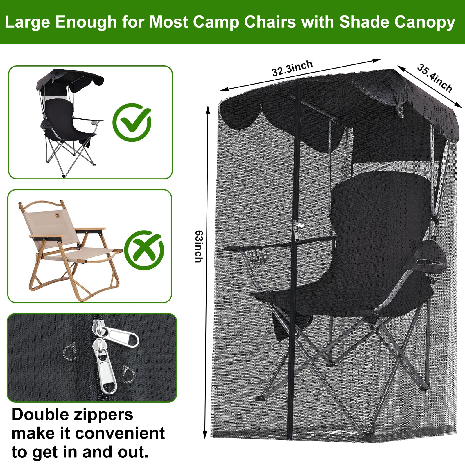 Cubierta de mosquitera de 63 pulgadas de alto para silla de toldo, barrera de insectos, tienda de campaña de malla para mosquitos, silla negra, mosquitera con apertura de cremallera, techo impermeable 2