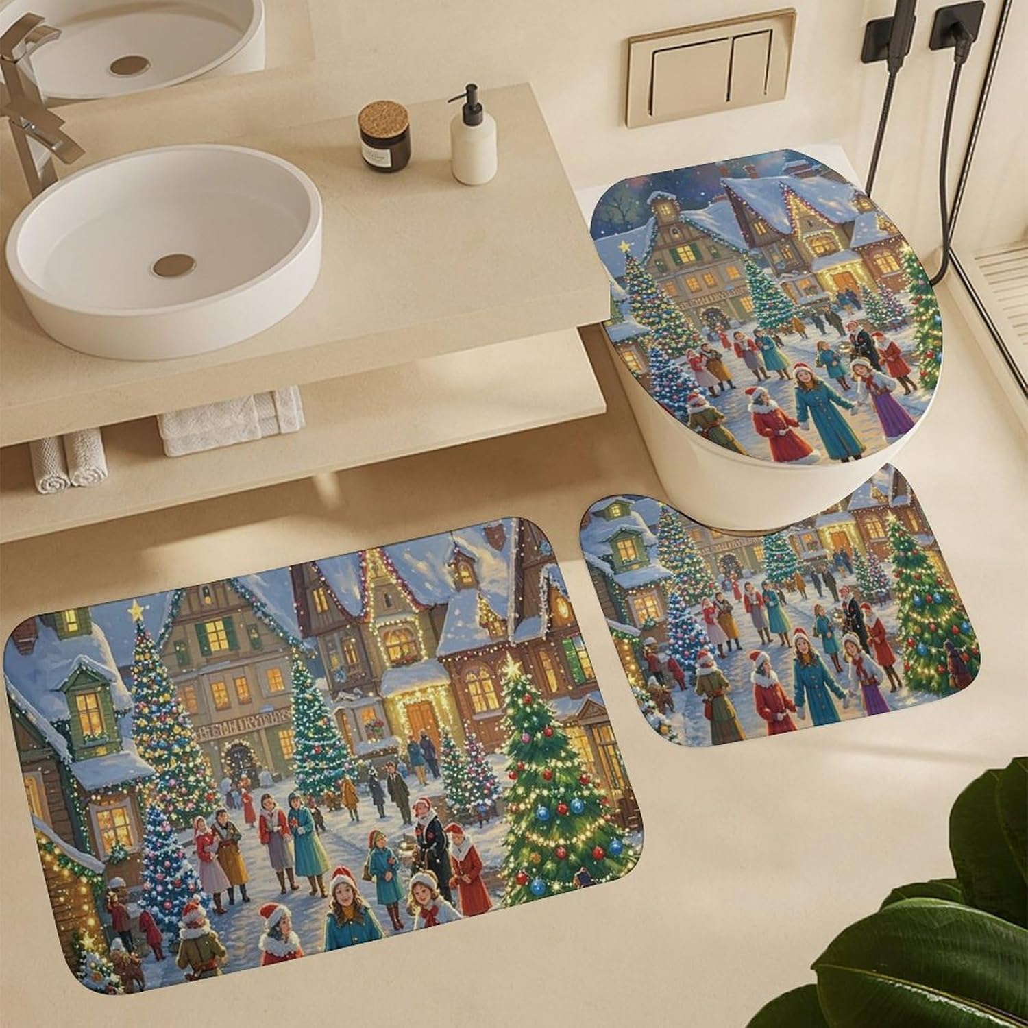 Christmas-Themed Town Shower Curtain Set 4 Piece, Non-Slip Bath Mat with Toilet Lid Cover and Waterproof Shower Curtain with 12 Hooks, Complete Bathroom Set for Home Decor