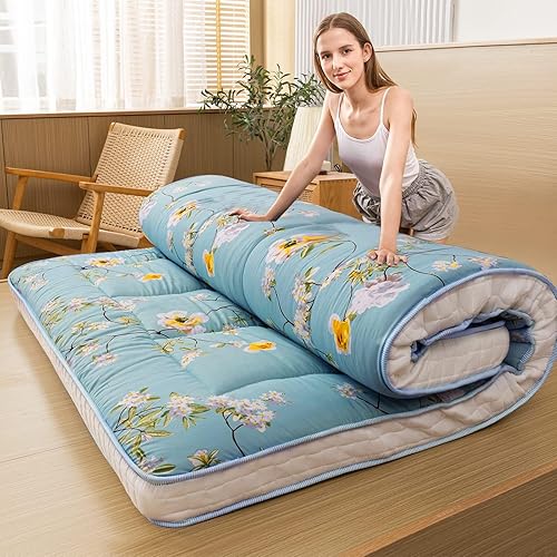 MAXYOYO Rustic Floral Korean Futon Mattress, Japanese Floor Mattress Quilted Bed Mattress Topper, Extra Thick Folding Sleeping Pad Tatami Mat Breathable Floor Lounger Guest Bed for Camping Couch, Full