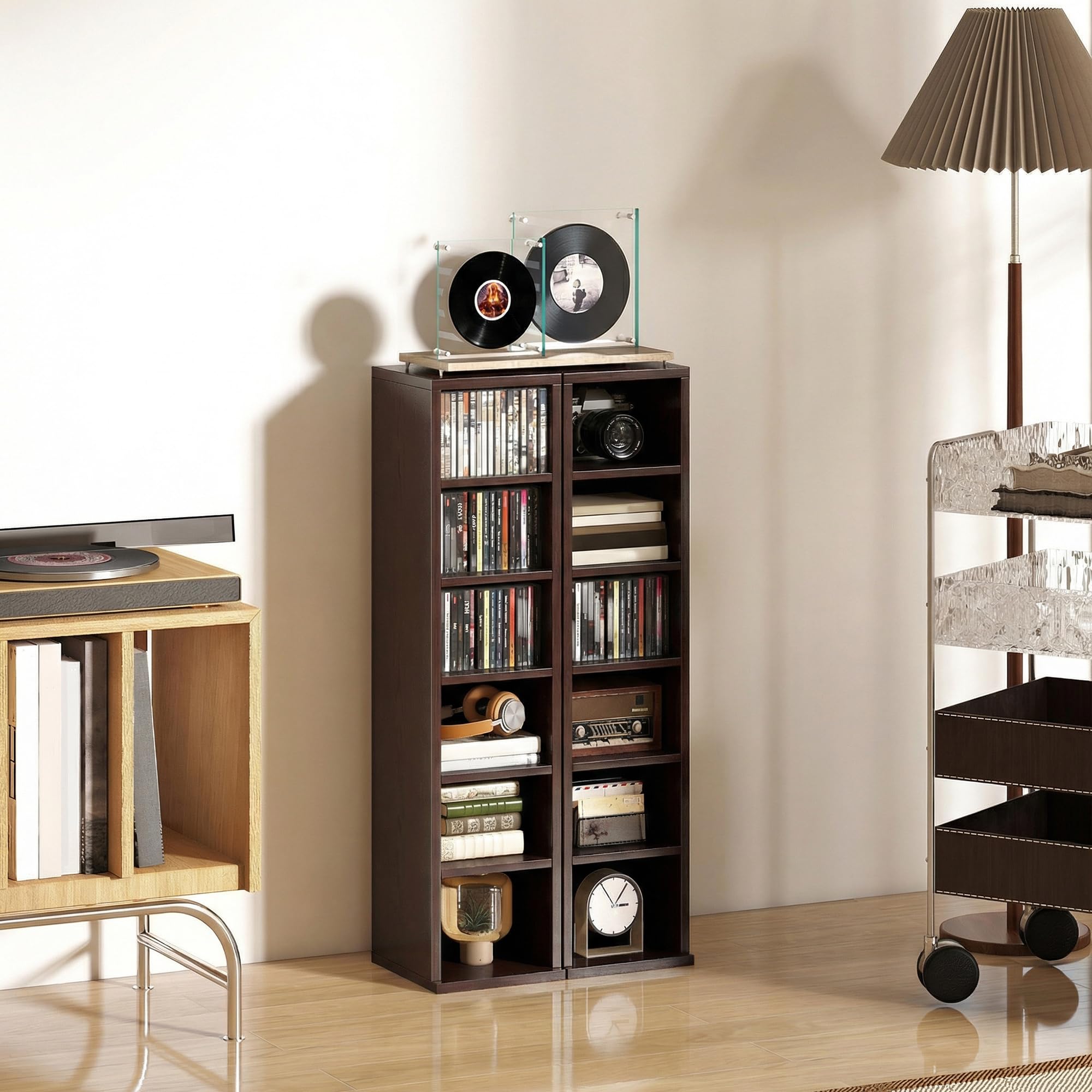 HOMCOM Set di 2 ripiani a colonna armadio CD-DVD 6 + 6 scomparti 21 x 22,5 x 88,5 cm capacità max. 204 CD Marrone