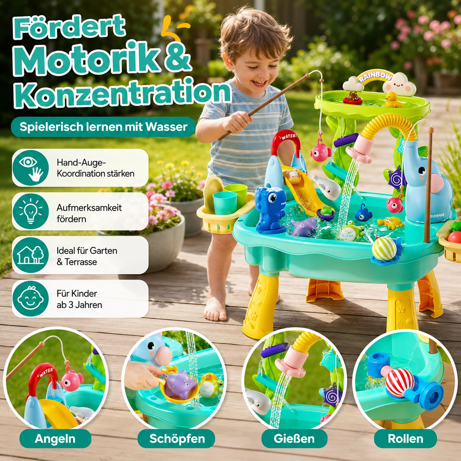 Wasserspieltisch für Kinder mit Angelspiel, Outdoor Wassertisch (Grün) | Sommer & Camping, Für Terrasse & Park, Innenbereich geeignet, Aquaplay Spielzeug, Outdoor Wasserspiel