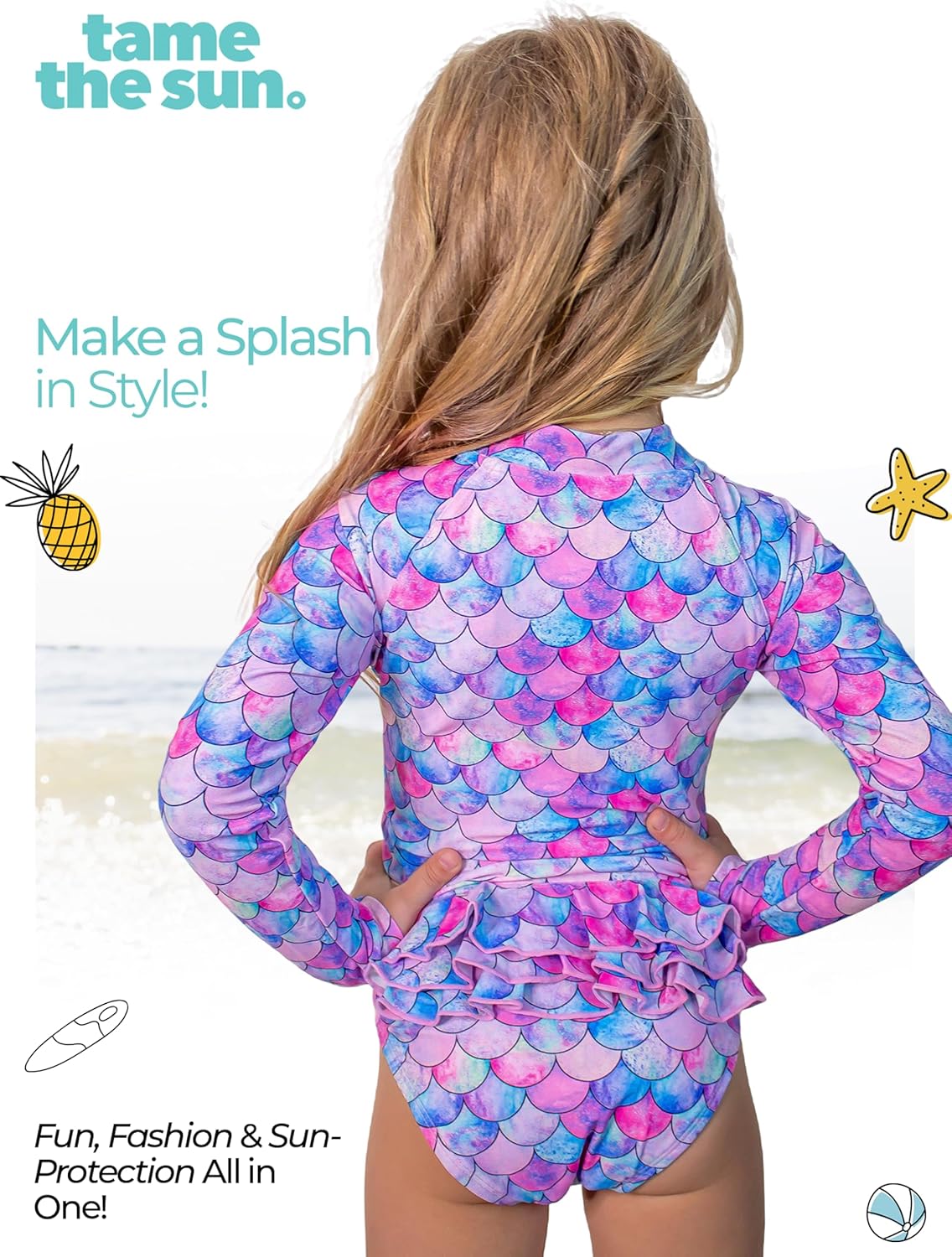 Tame the Sun Long Sleeve Girls' Swimsuit - Rash Guard with Frills, UPF 50+ Zipper Swimwear - Bathing Suit for Ages 3-12