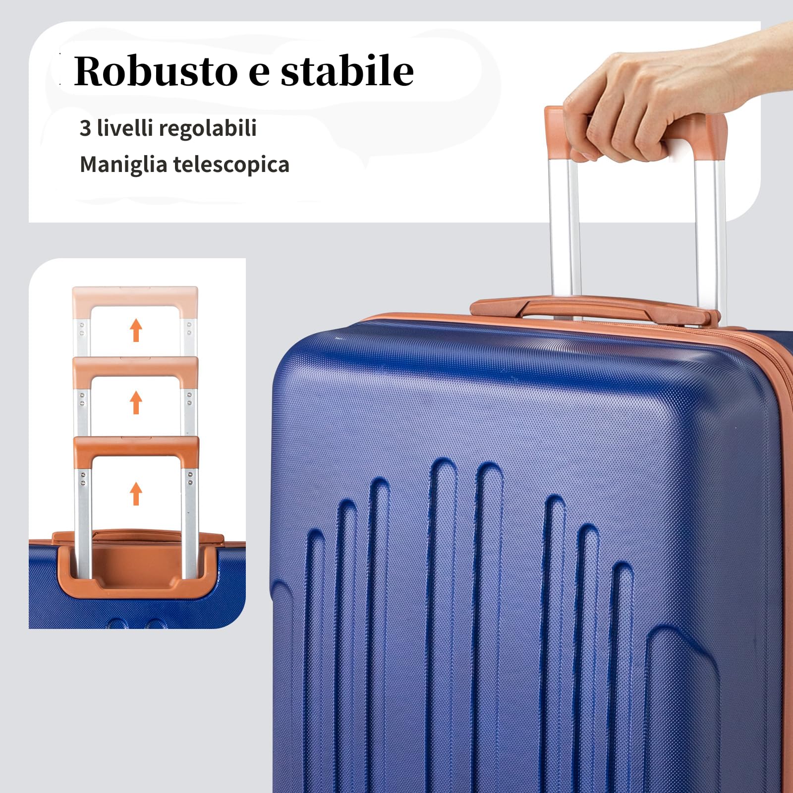 LEADZM Set di Valigie Rigide 4 Pezzi con Beauty Case, Set Valigie in ABS, Luggage Suitcase Grande 23 kg con 4 Ruote Girevoli Doppie (Blu Navy-Marrone)