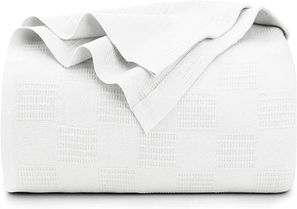 Utopia Bedding White 100% Cotton Blanket [Queen Size - 90x90 Inch] 350GSM Lightweight, Soft and Breathable Thermal Blanket for All Seasons