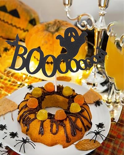 Miniatura 8 de Decoración para pastel de Happy Boo Day  Decoración negra para pastel de fantasma, decoración de fiesta de cumpleaños de Halloween con purpurina