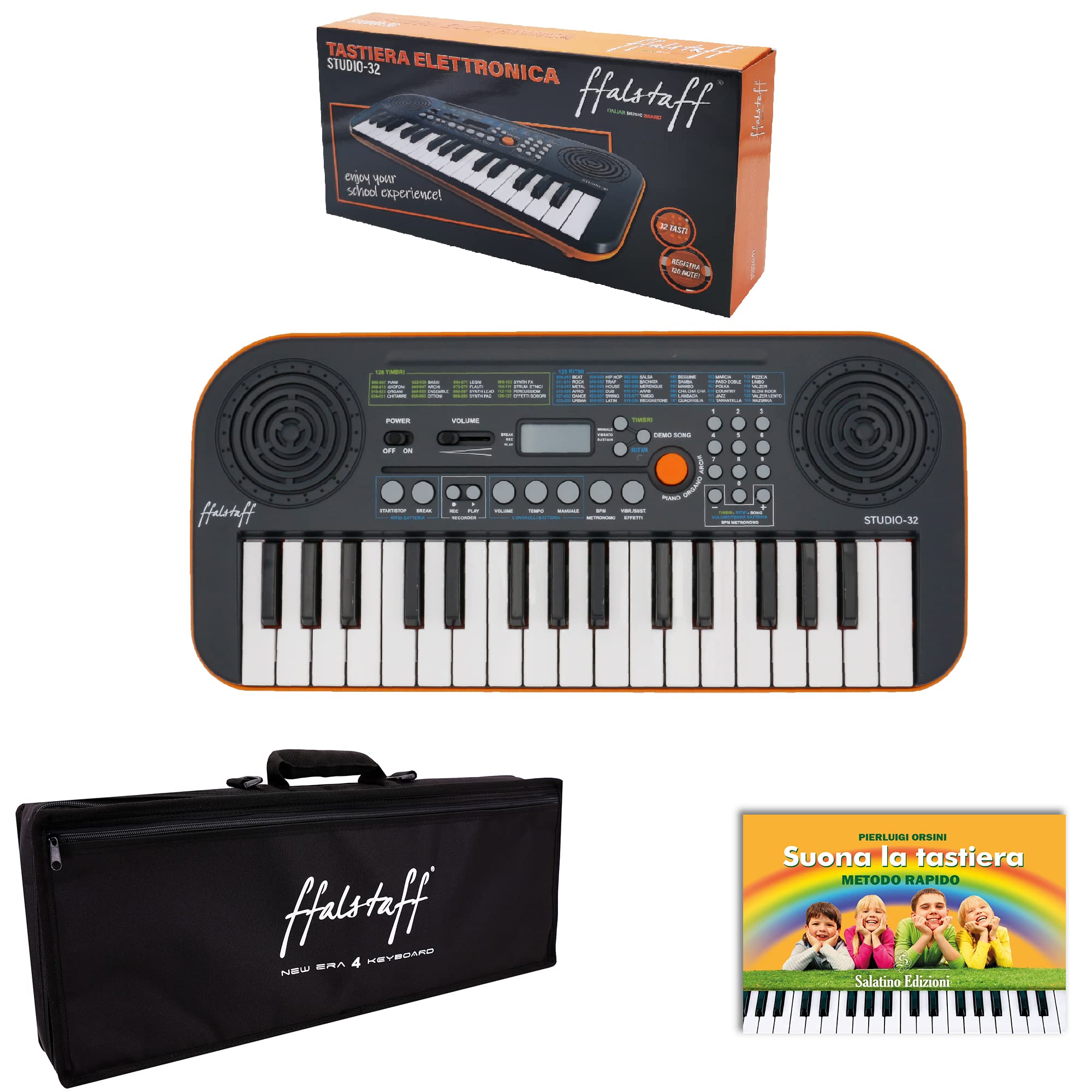 MILES Tastiera Elettronica 32 Tasti con Borsa ffalstaff Semirigida 65x23x7 con Imbottitura 10 mm, Alimentatore e E-book "Suona la Tastiera"