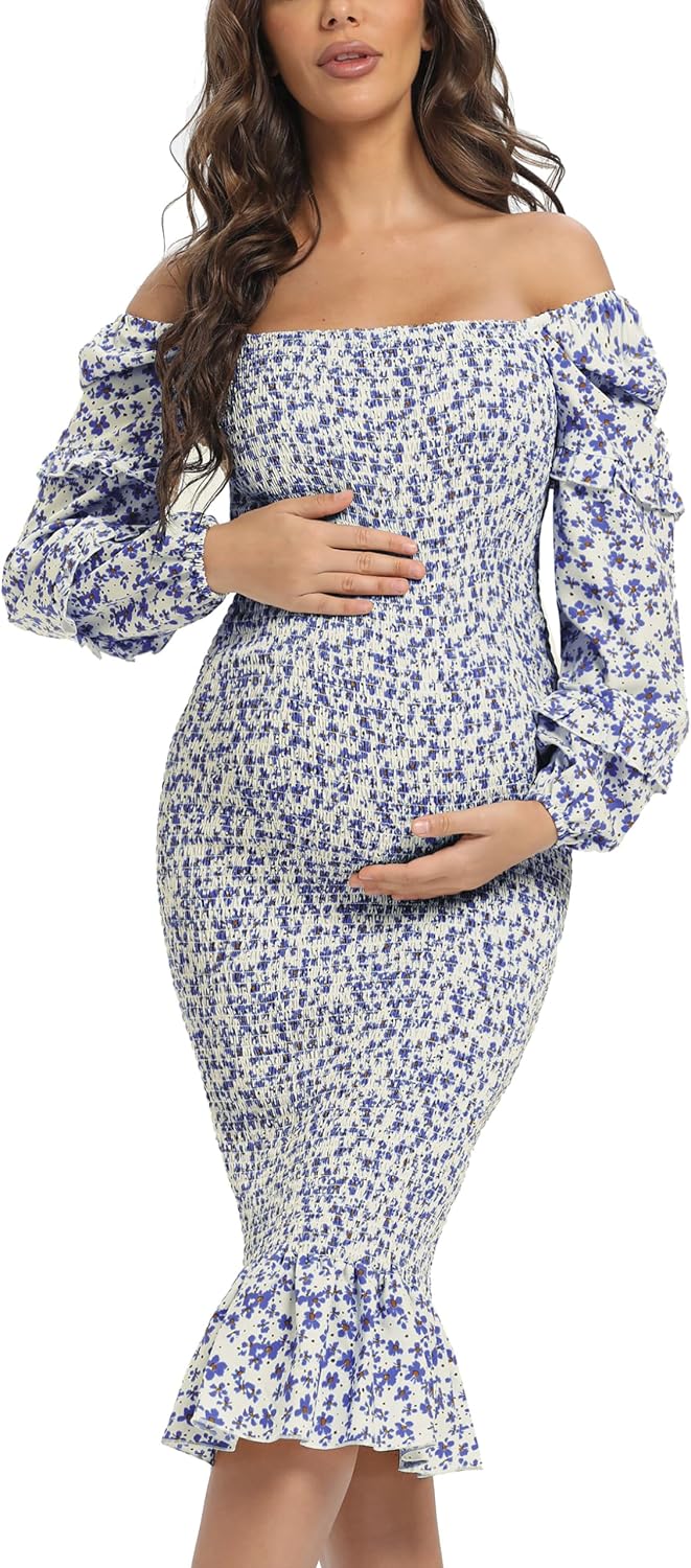 Spring Long Puff Sleeve Maternity Dress Floral Ruffle Hem Mermaid Baby Shower/Photoshoot Dress - Image 2