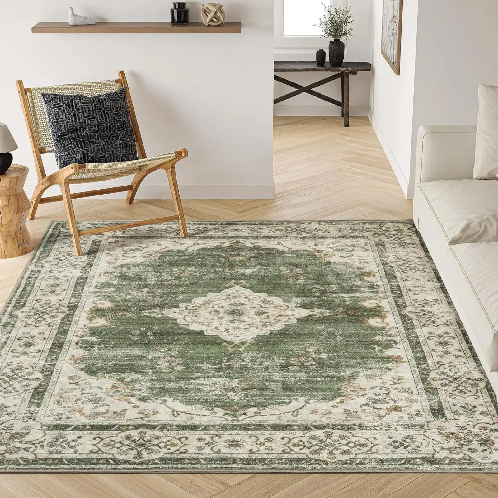 Grand tapis oriental vert 120x170 cm vintage lavable pour salon