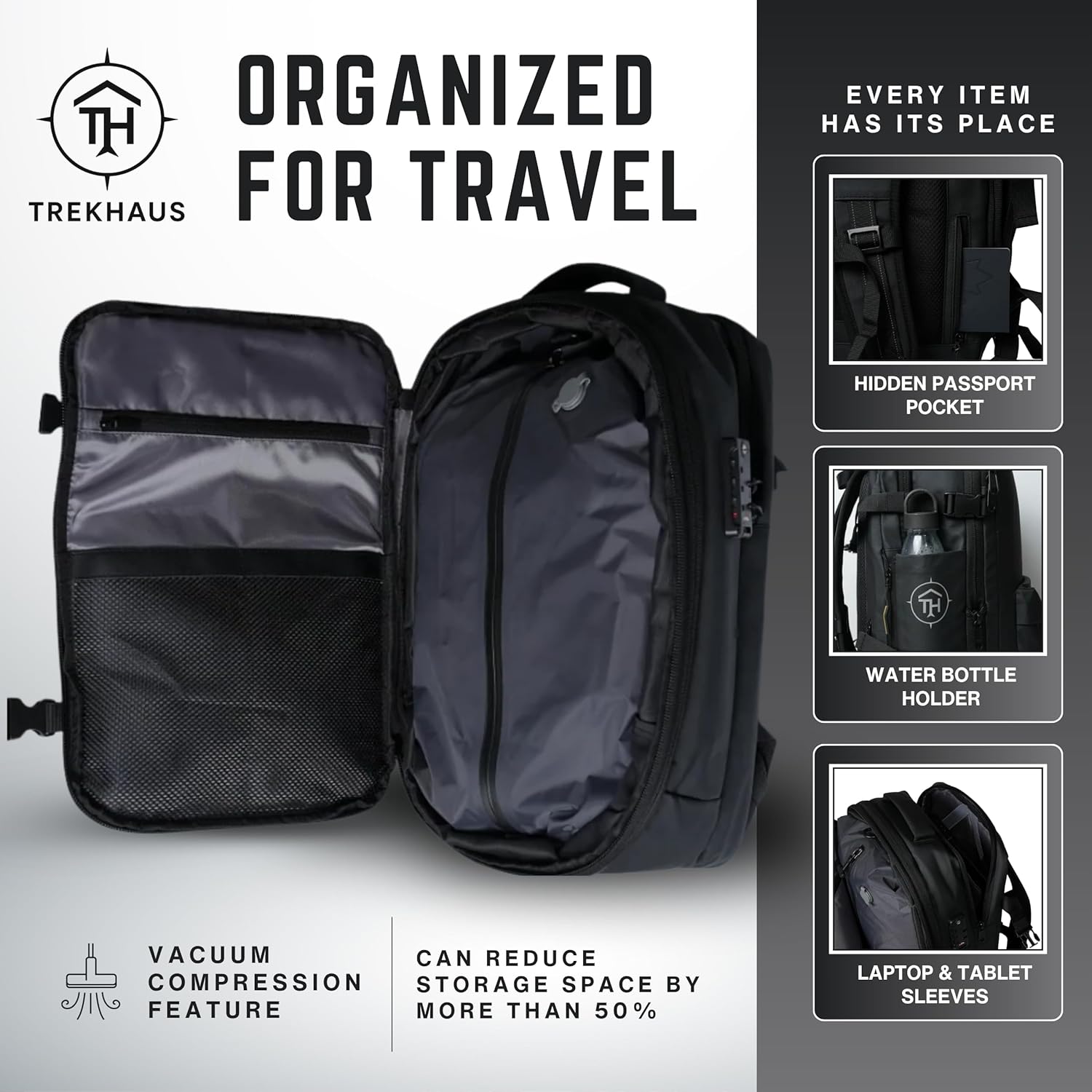 Vacuum Compression Travel Backpack Carry-On Flight Approved | 36–59L Expandable Personal-Item Size Bag with Built-in Vacuum Valve, TSA Lock, Laptop Sleeve, Waterproof Shell | Fits Under Airline Seats - Image 3