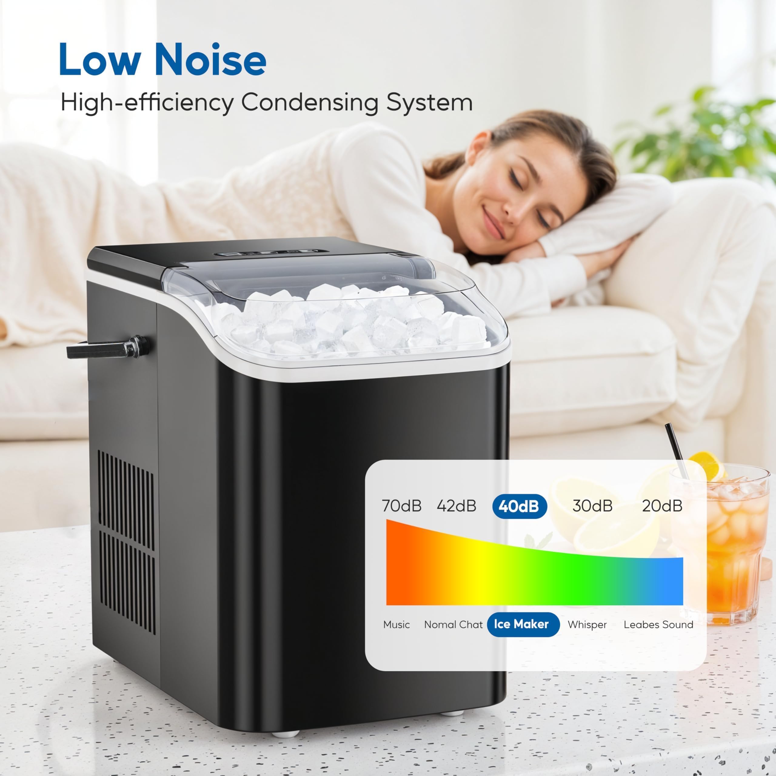 Simple Deluxe Portable Countertop Ice Maker Machine, Makes 9 Bullet Ice Cubes In 6 Minutes, 26.5lbs Daily Output, Self-Cleaning With Scoop, Basket & Handle For Office, Party & Kitchen, Black on Fridge.com - View 6