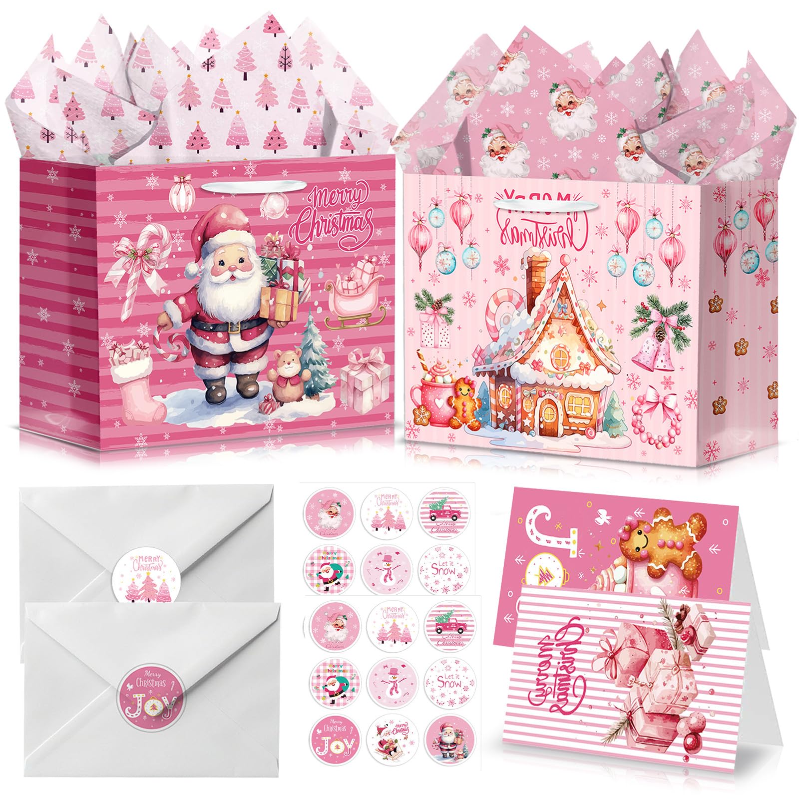 4Pcs Christmas Paper Gift Bags with Tissue,Luxury Xmas Gift Bags Medium Multipack with Handle include Envelopes Stickers Cards,Pink Paper Tote Bag for Presents Girls Xmas Gift Wrapping Party Supplies