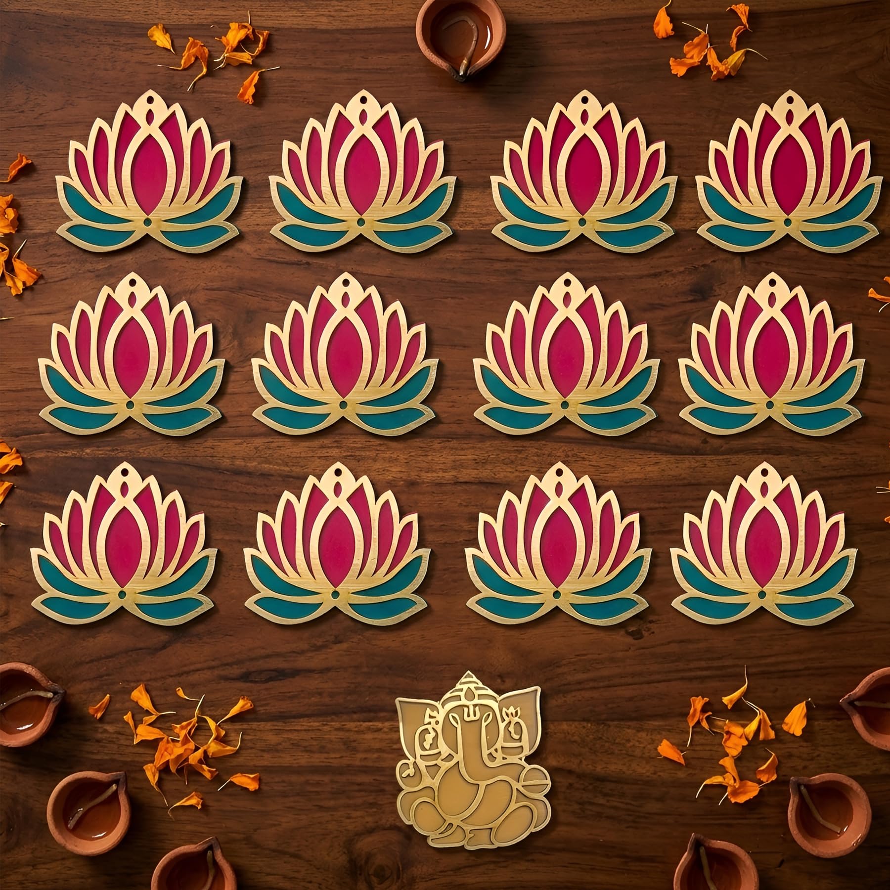 TIED RIBBONS Set of 13 Pcs Wooden Lotus & Lord Ganesha Wall Decoration Kit | Premium Laser Cut Wooden Hanging Décor for Ganesh Chaturthi, Pooja Room, Home, Office - Decoration Item for Home Décor-image-40