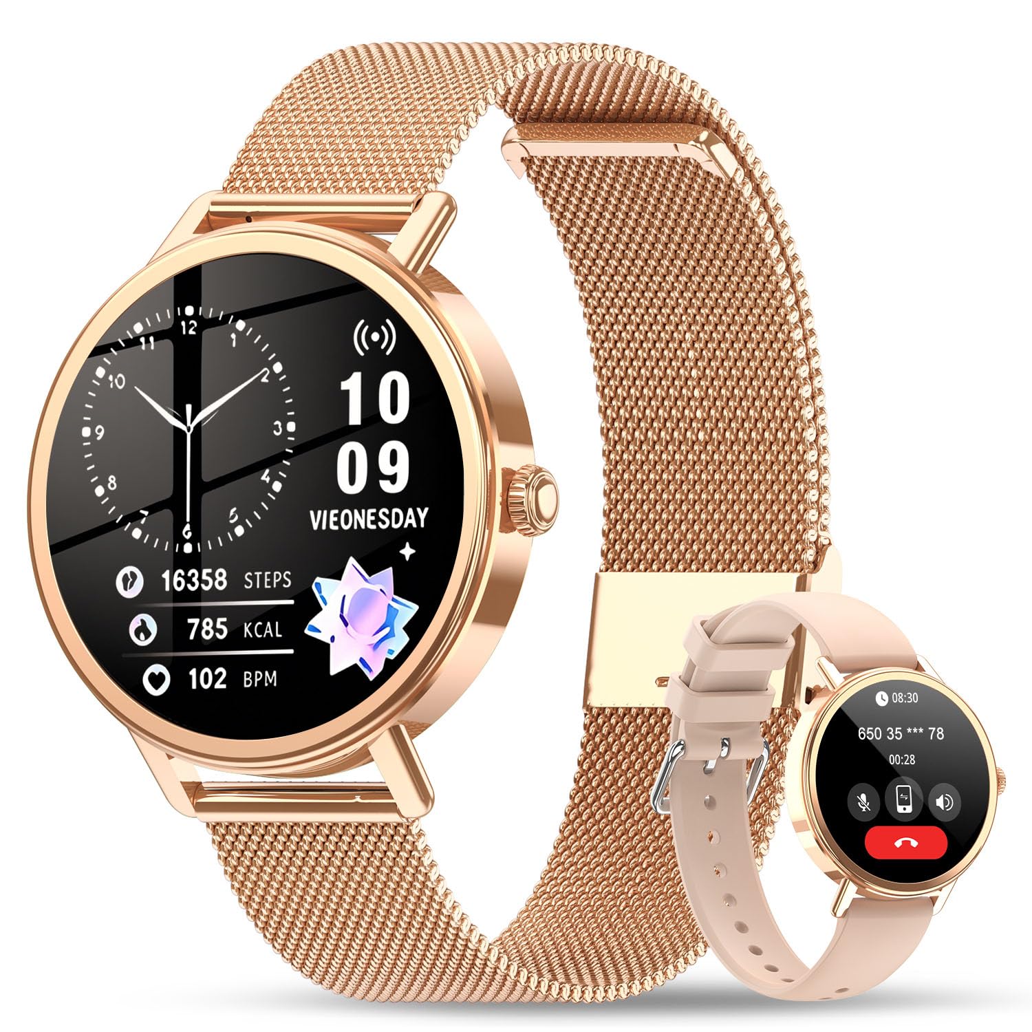 Smartwatch Donna, 1.26"Orologio Intelligente Donna con Chiamate Bluetooth, Smart Watch con 2 Cinturini, Notifiche, Podometro, Design Sottile, Compatibile con Android iOS, Smartwatch Impermeabile IP68