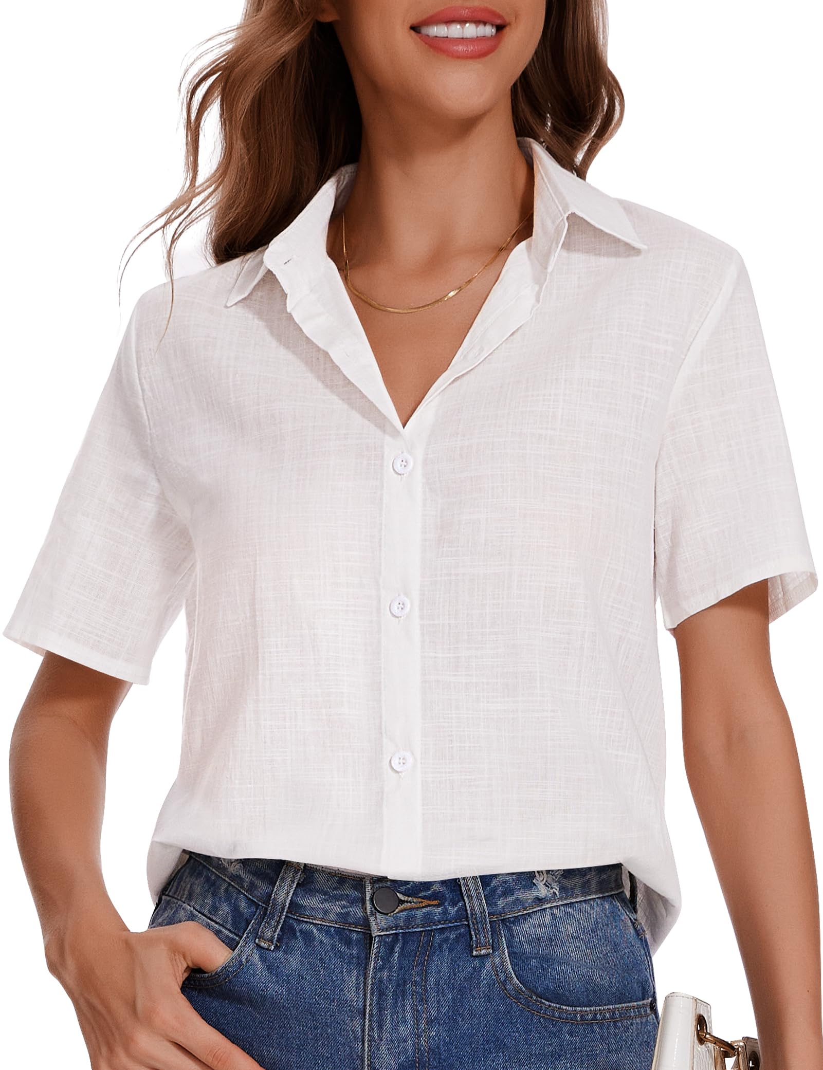MELLIEX Blusas Mujer Verano Manga Corta Camisa Elegantes Cuello en V Camisa Lino Color Sólido Camisetas con Botones