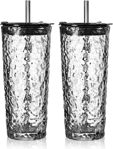 Puraville Paquete de 2 vasos de vidrio de 18 onzas con tapas y pajitas, cristalería gruesa con patrón glaciar vintage para whisky, cóctel, cerveza,
