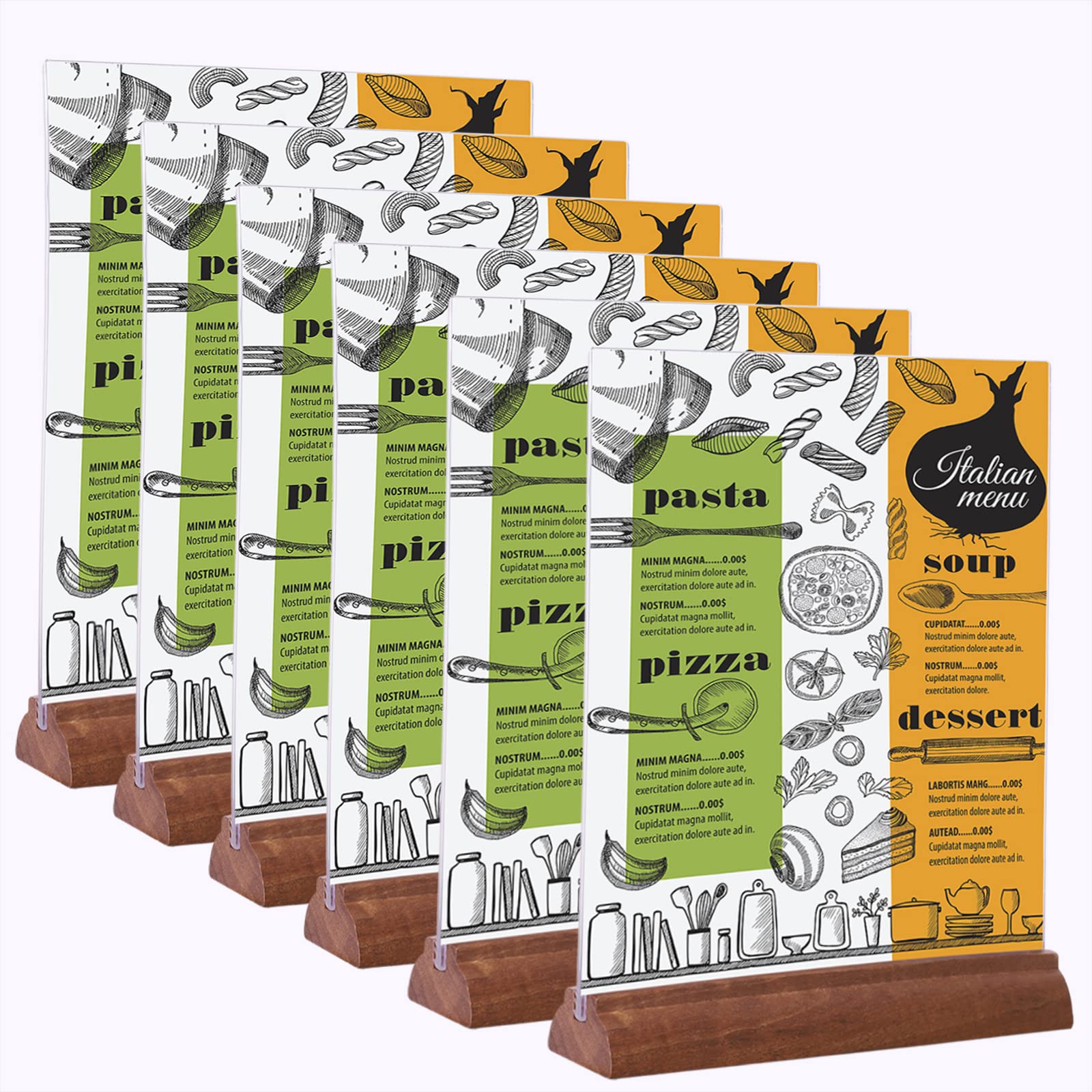 Soporte Metacrilato para Letreros Carteles A4 (paquete de 6), Soporte Acrílico de Doble Cara con Base de Madera para Restaurantes, Escuela, Hotel, Oficina, Boda, Menú, Imagen, Documento