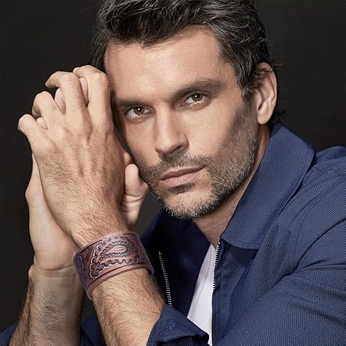 Miniatura 2 de Long tiantian Pulsera de cuero con cuentas de ágata natural, pulsera de cuero vikingo para hombre, pulseras de cuero en relieve, pulseras punk rock