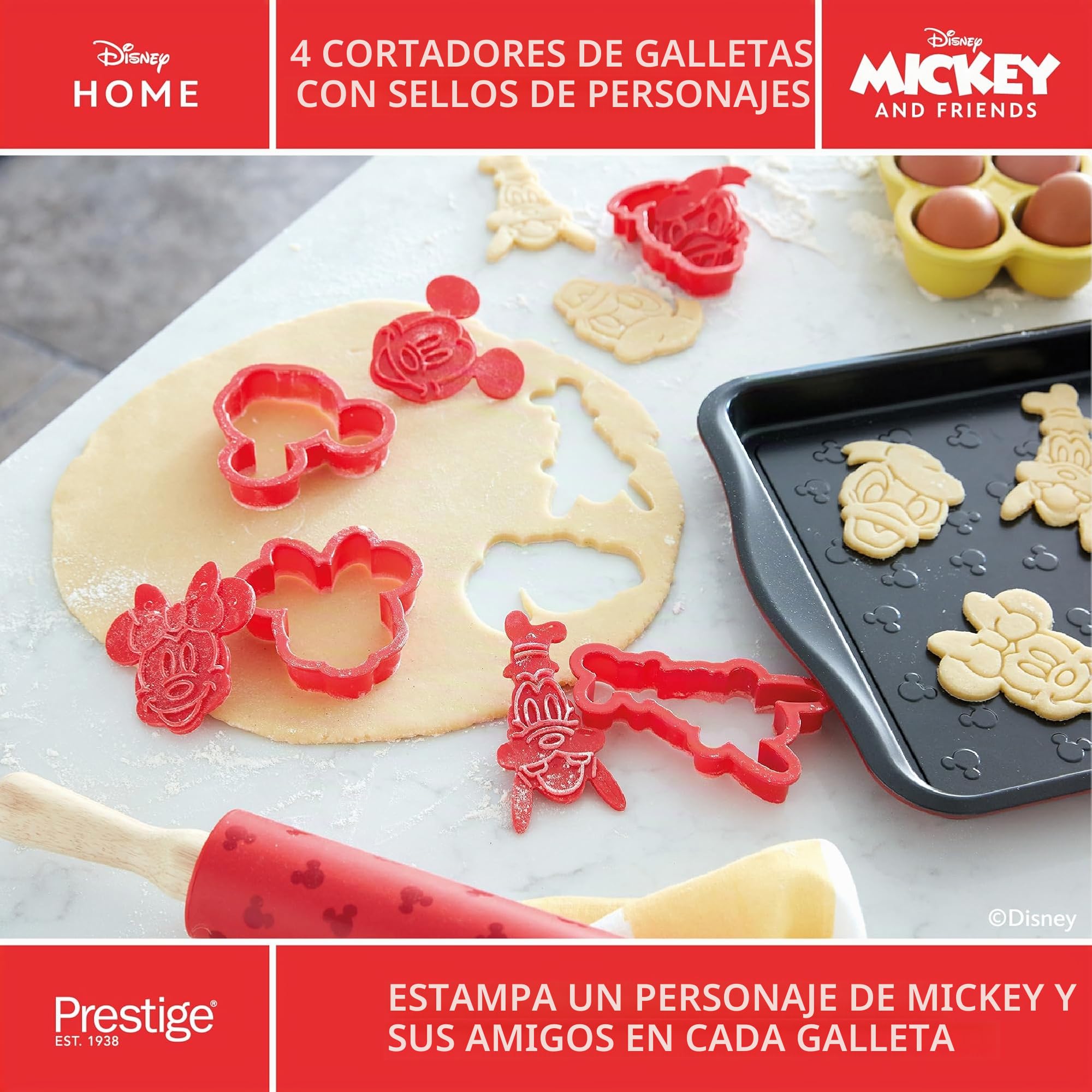 Prestige Juego de utensilios de cocina Disney Bake with Mickey Mouse con juego de cucharas medidoras, juego de 2 espátulas de silicona, rodillo de silicona y cortador de galletas, juego de 4