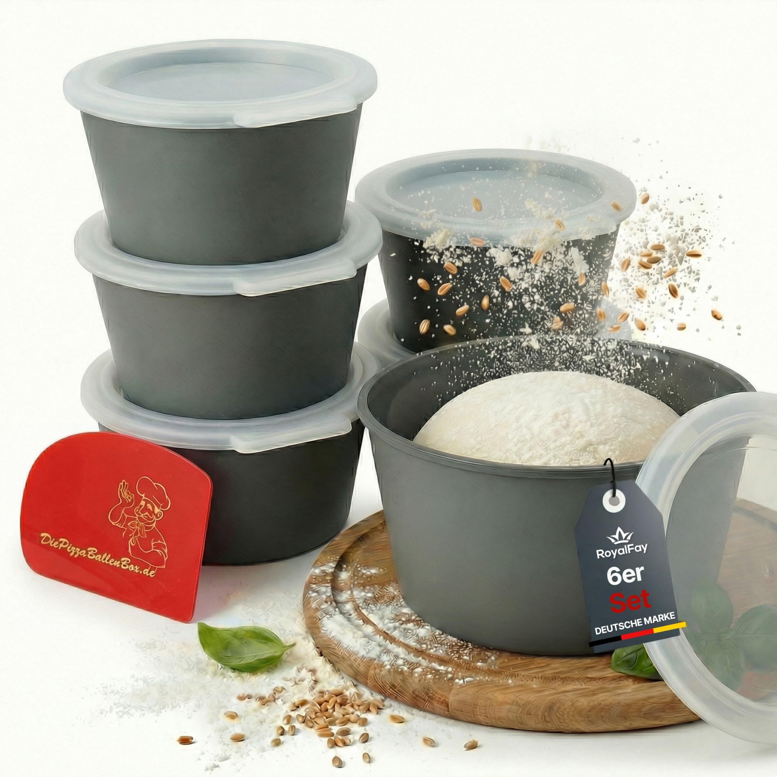Pizzaballenbox 6er-Set – Teigboxen aus recycelbarem Bio-Kunststoff mit Deckel – stapelbare Gärboxen für Pizzateig, Sauerteig und Zutaten – Made in Germany