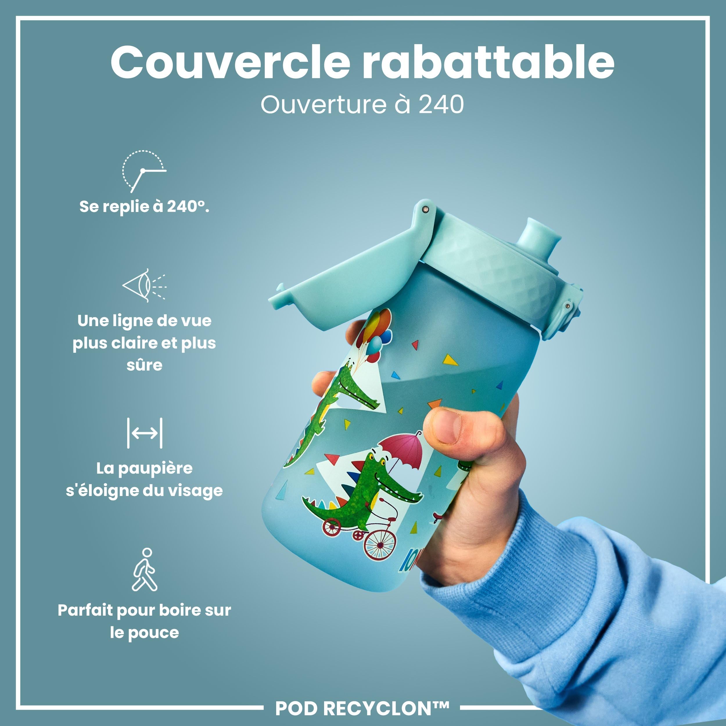 ION8 Gourde Enfant, 350ml, Anti-Fuite, Facile à Ouvrir, Verrouillage Sécurisé, Lavable en Lave-Vaisselle, Sans BPA, Poignée de Transport, Facile à Nettoyer, Carbone Neutre, Motif Crocodiles