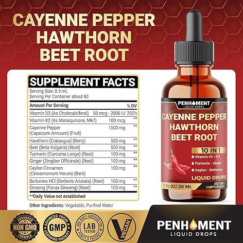 Miniatura 2 de 10 en 1 3000 mg de pimienta de cayena espino baya vitamina D3 K2 raíz de remolacha jengibre gotas líquidas y más  Apoyo a la digestión  1 onza