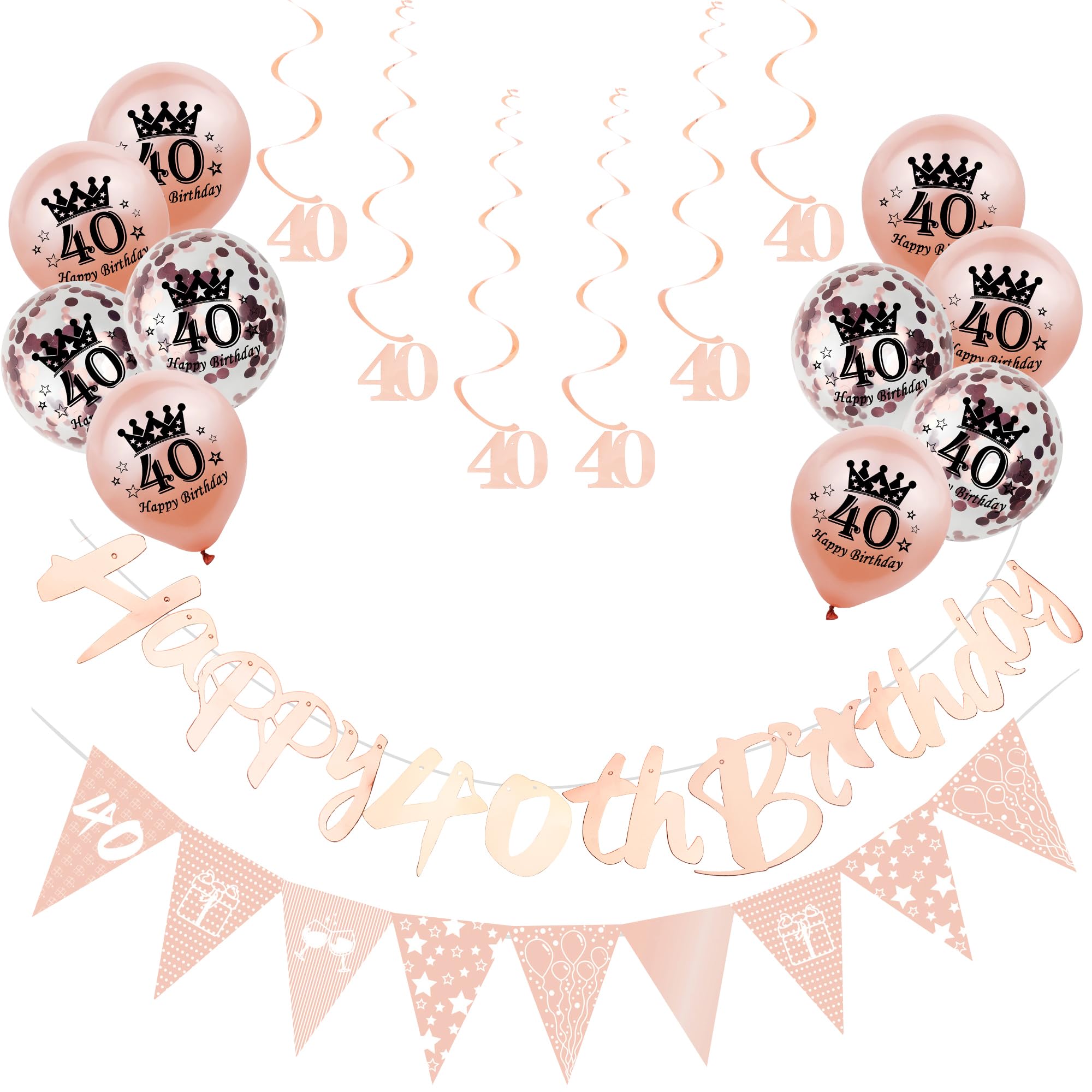 18Pcs Rose Gold 40th Birthday Decorations for Her,Women,40th Birthday Banner Triangle Flag Bunting Rose Gold Foil 40 Hanging Swirls,40th Birthday Balloons for Women Birthday Party Decoration Pack
