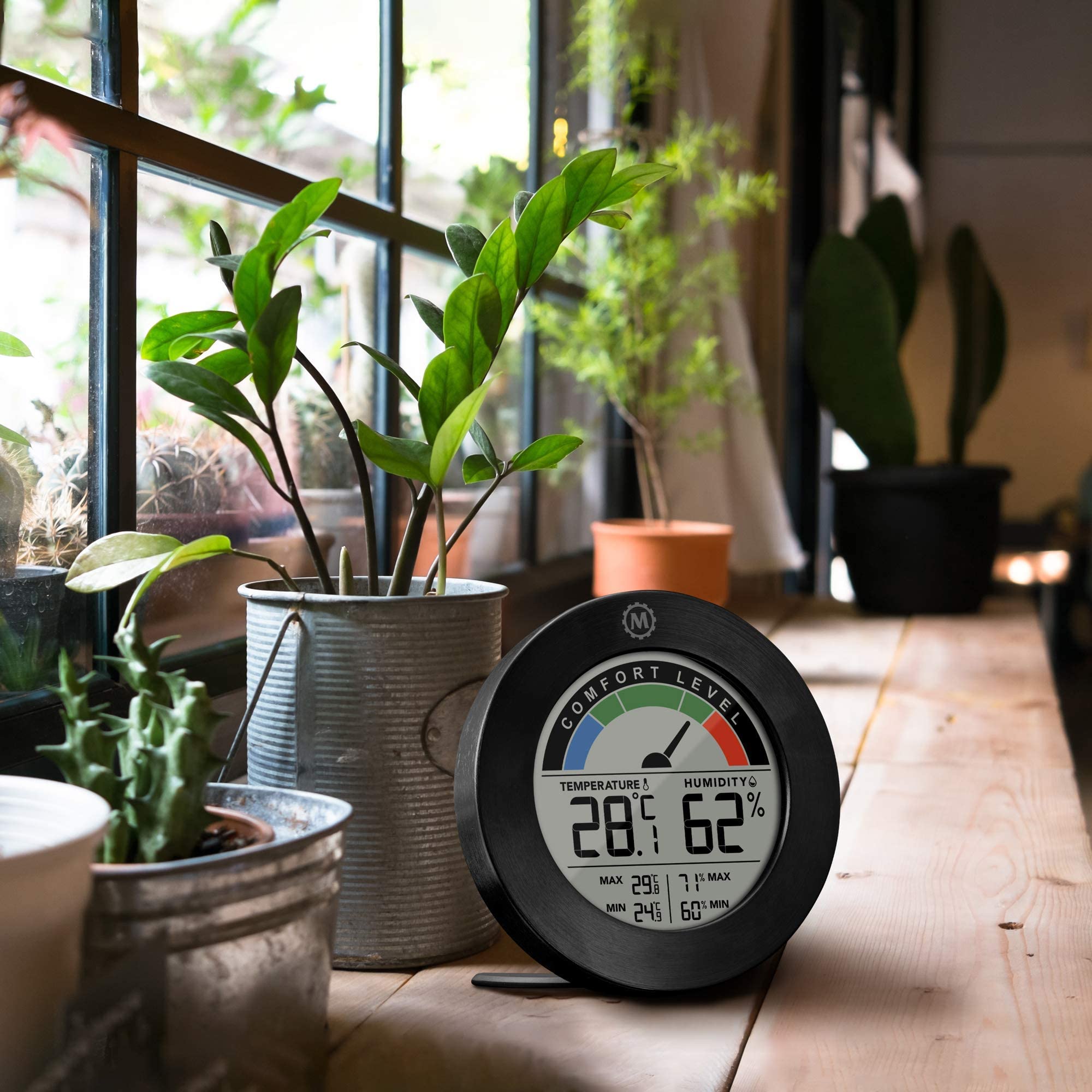 Marathon Austin - Termómetro e higrómetro inalámbrico para interiores, lee la temperatura interior y la humedad, indicador de comodidad, graba el día mín.-máximo formato compacto