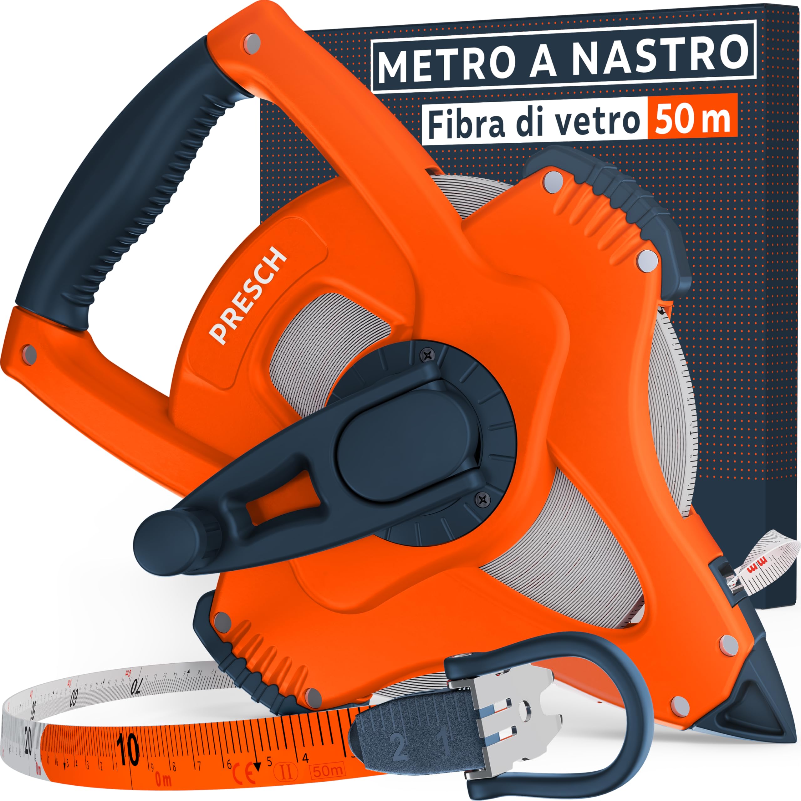 Presch Metro a Nastro 50m – Ritorno Rapido 3:1 – Rotella metrica 50 metri in Fibra di Vetro Resistente – Blocco a Manovella – Presa Sicura con Gancio Multifunzione – Bindella per Uso Professionale