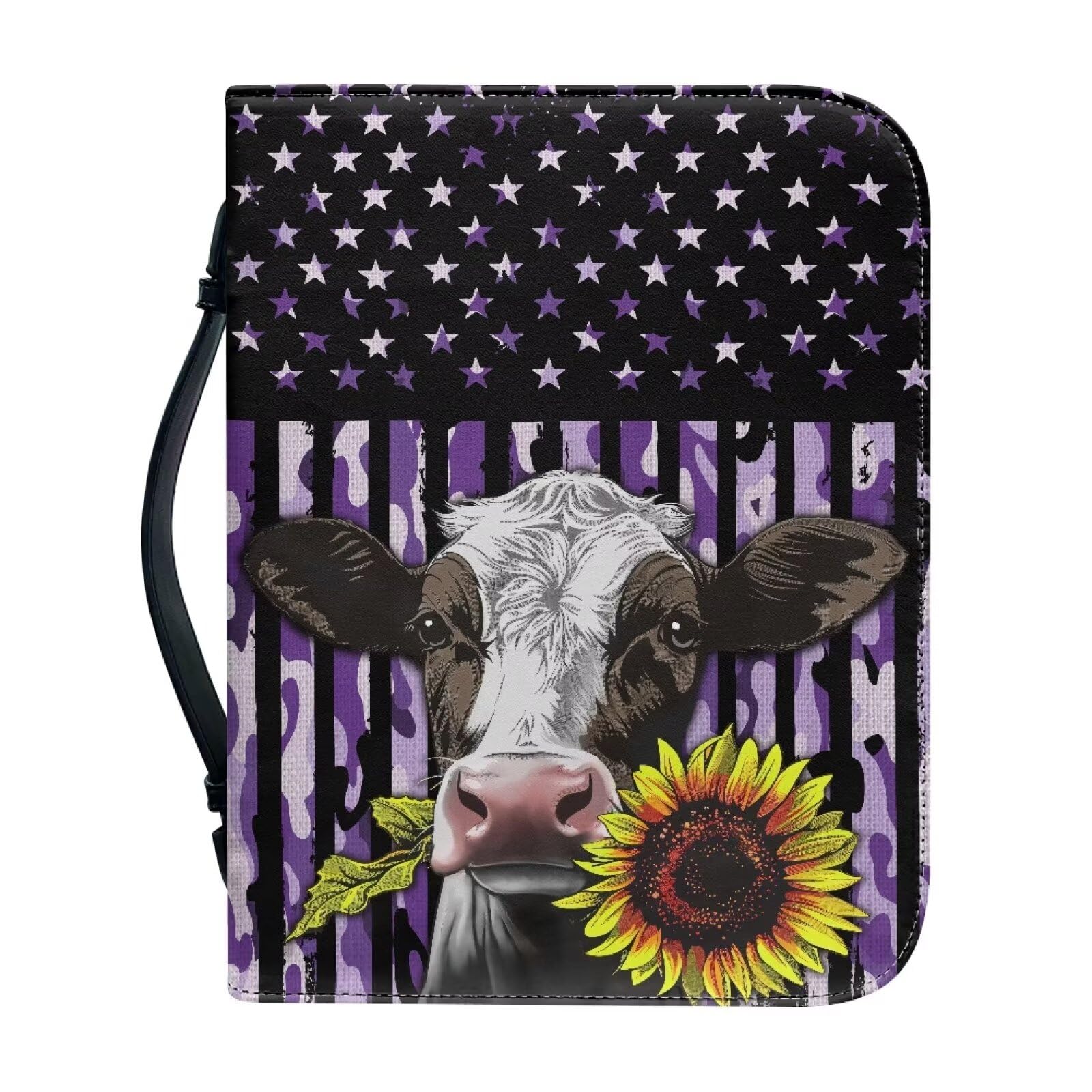 Talayituse Cow Sunflower Camo Print Faux Leather Bible Cover for Men Boys Women Girls American Flag Christian Bible Case with Handle Carrying Book Case Protector Bible Tote Handbag Gifts, 2XL — image 1