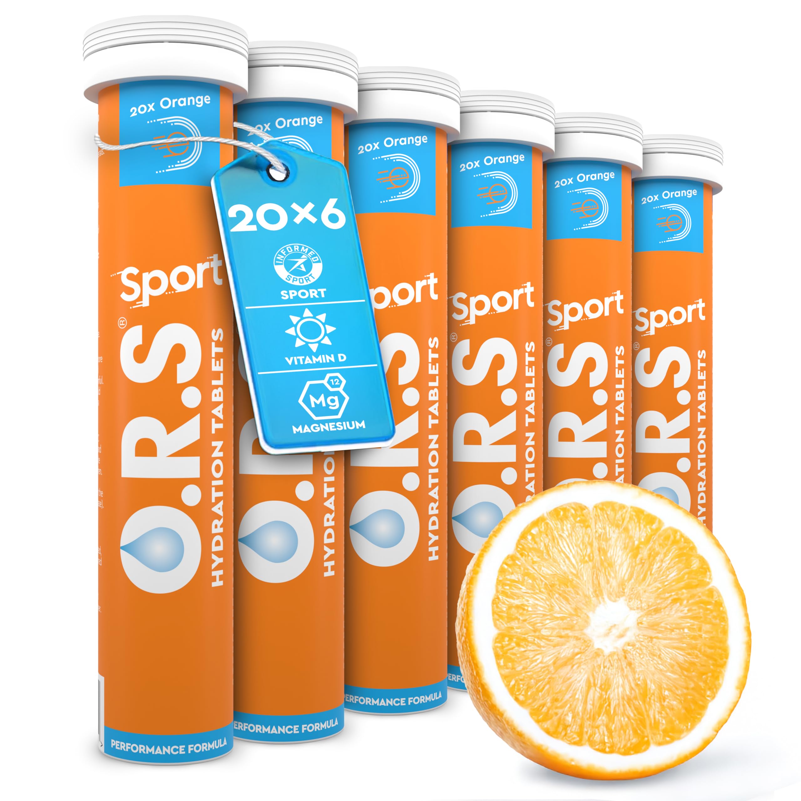 O.R.S Hydration Tablets with Electrolytes, Vegan, Gluten and Lactose Free Formula Natural Orange Flavour, 120 Tablets, Pack of 6, 120 (6 x 20)