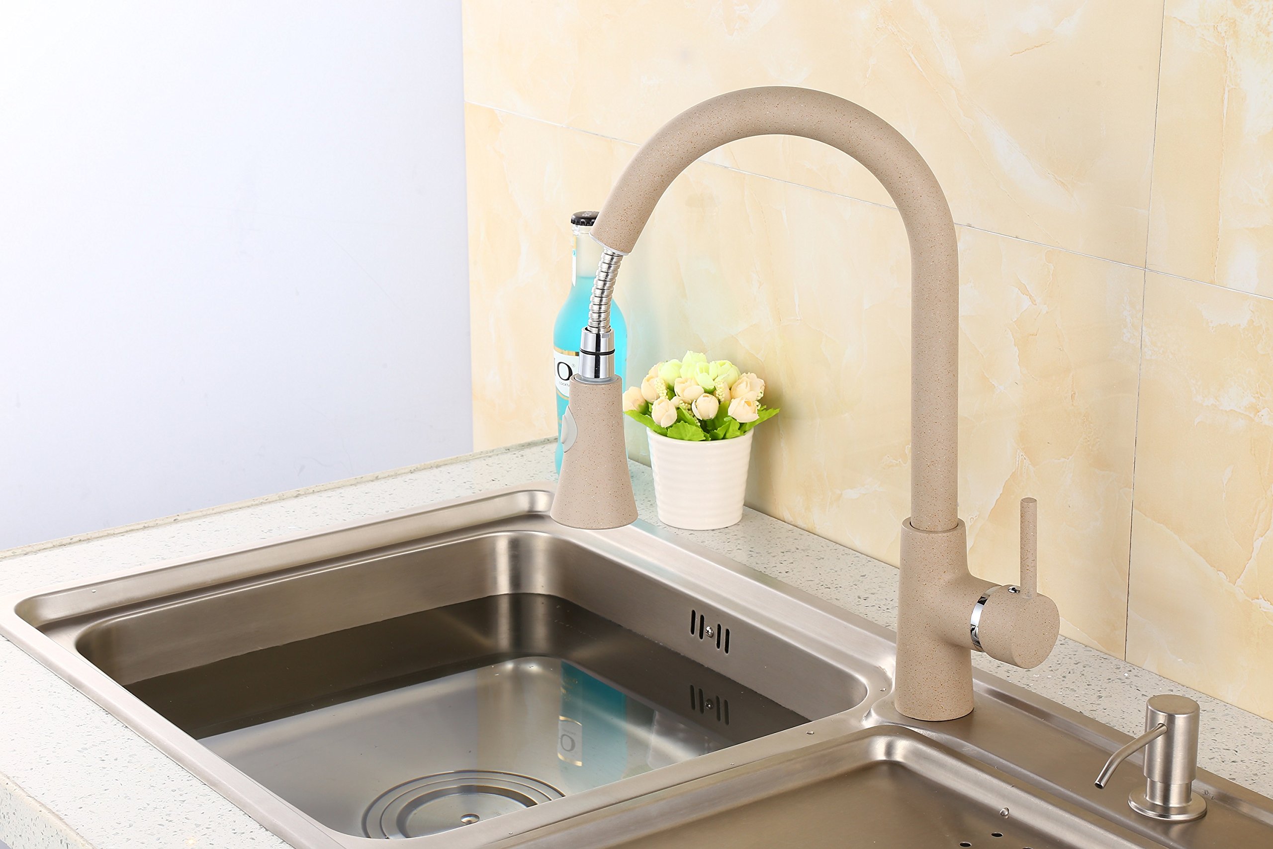 ZXC Hochdruck Profi Küchen Armatur Einhand Mischbatterie mit ausziehbarer Brause in Granit Beige
