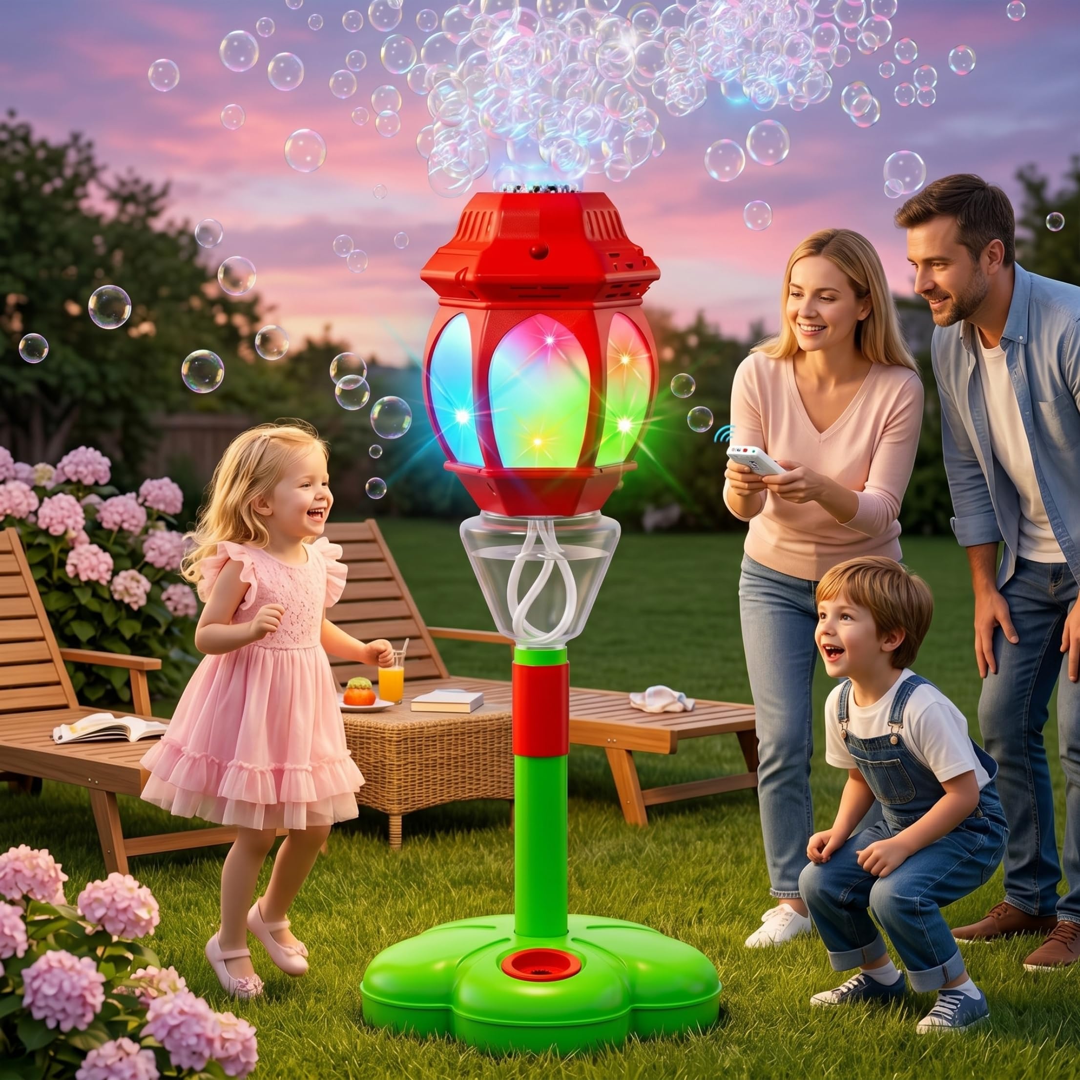 Máquina de burbujas para niños, máquina automática de burbujas con sonido y luz, linterna para niños, liberación de un botón, control remoto, soplador rojo recargable