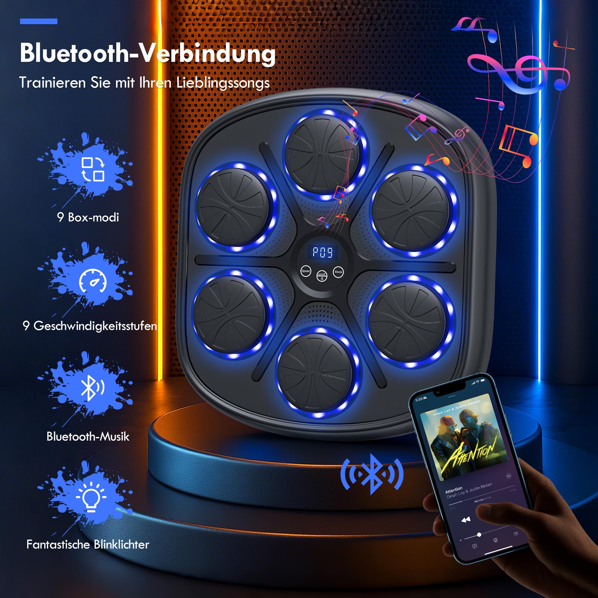 Music Boxing Machine für Erwachsene, Bluetooth Musik Box Maschine mit LED Licht, Boxhandschuhen mit 9 Geschwindigkeitsmodi und Zählmodus, Elektronische Boxmaschine für Kinder und Erwachsene
