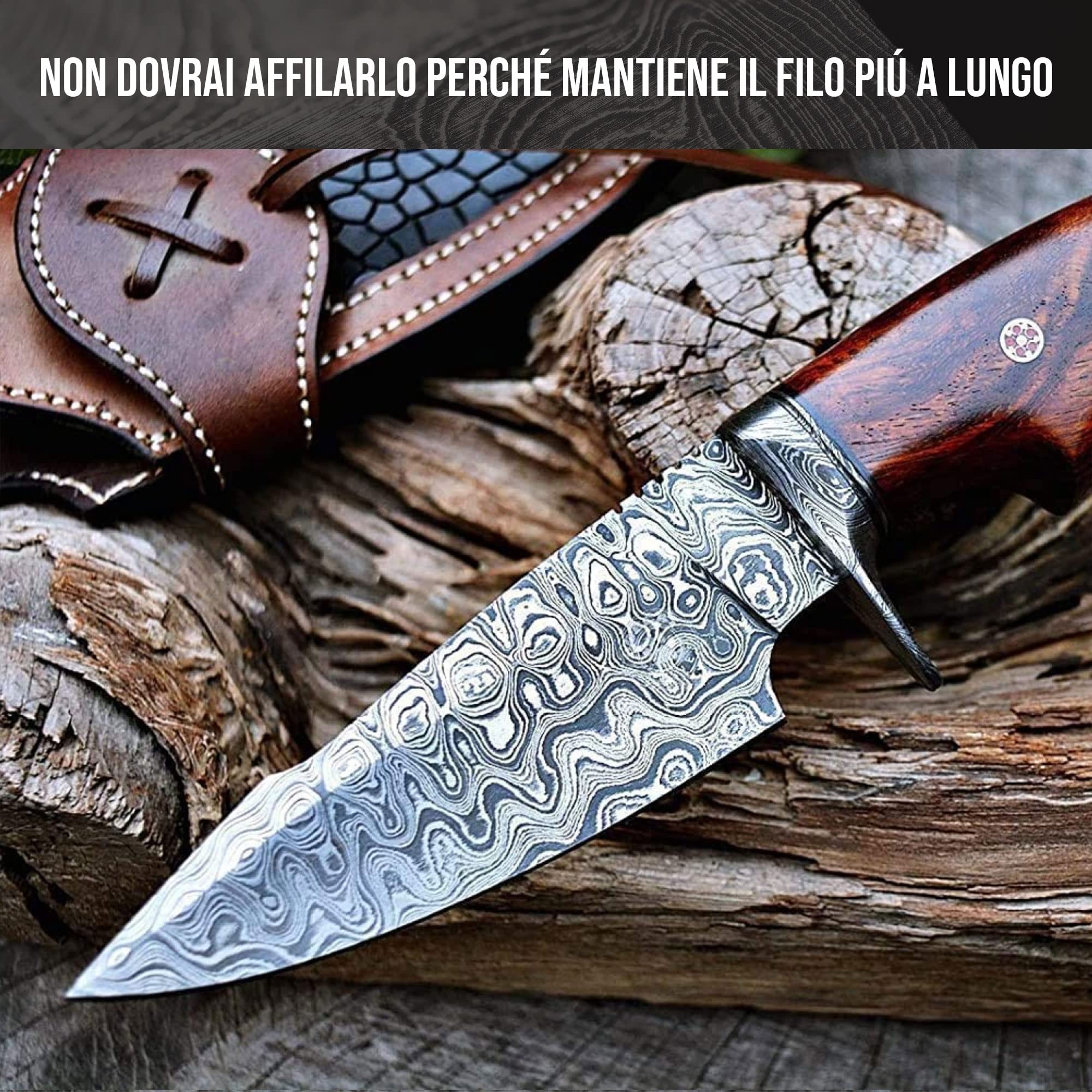 BIGCAT ROAR Predator Hunter - Coltello da Caccia in Acciaio Damasco Artigianale 25 4 cm - Manico in Legno di Noce e Fodero in Cuoio - Bushcraft Campeggio Sopravvivenza - Regalo Uomo Cacciatore