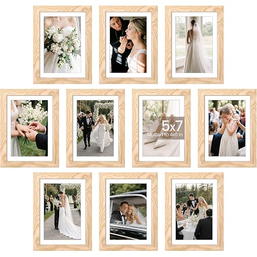 upsimples 5x7 Picture Frame Set of 10, Display Pictures 4x6 with Mat or 5x7 Without, Multi Photo Frames Collage for Wall or Tabletop Display, Natural