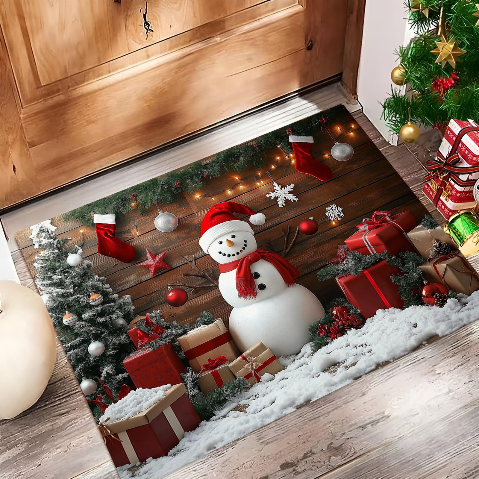 Paillasson d'entrée Noël bonhomme de neige lavable marron rouge 90x150cm