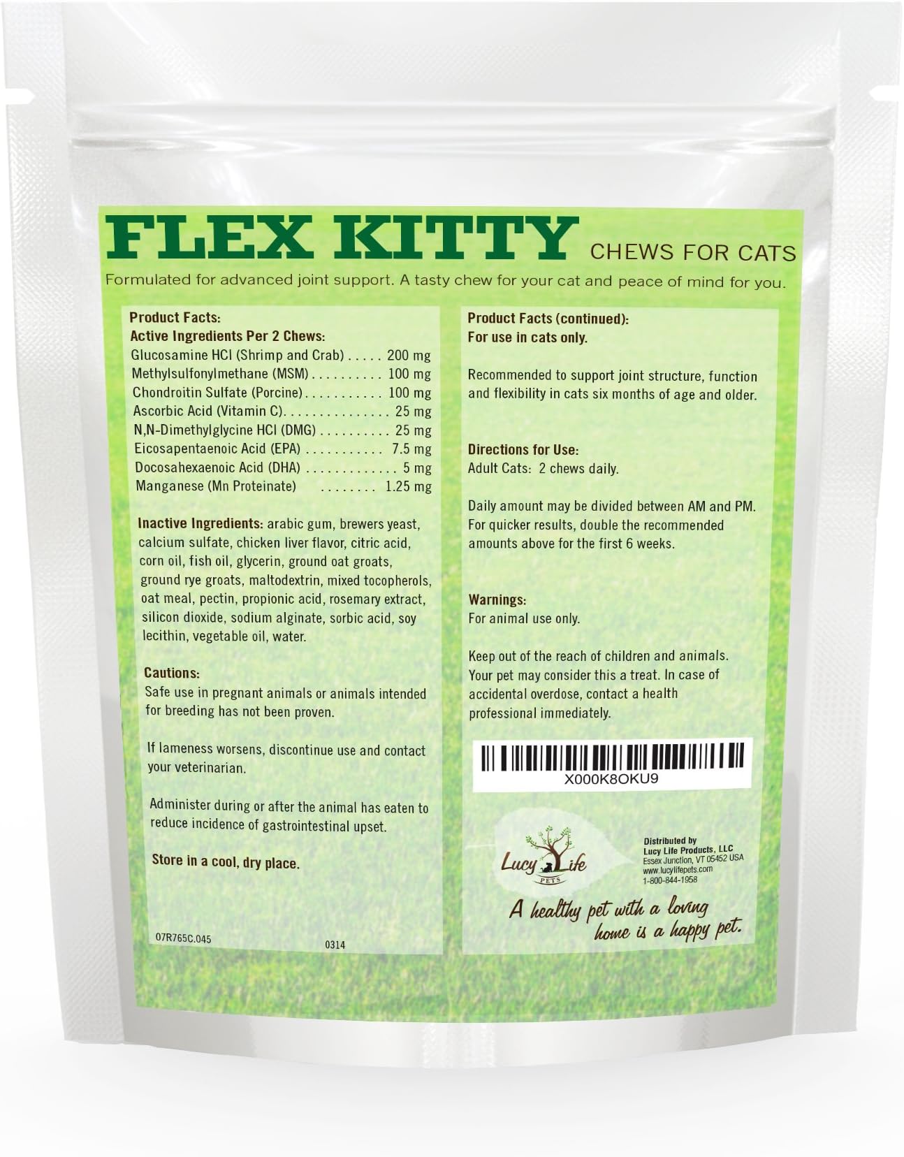 Flex Kitty Glucosamine, Chondroitin, MSM for Cats; with Omega 3 Fatty Acids; Hip and Joint Comfort