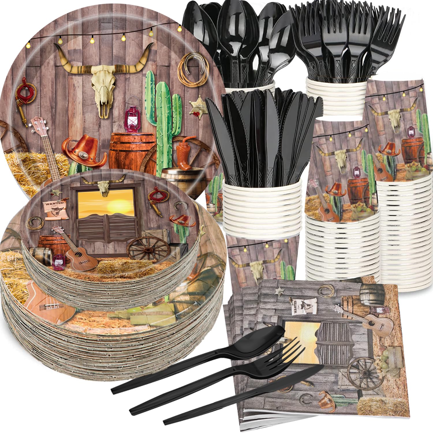 175Pcs Western Cowboy Party Supplies 9"Cowboy Paper Plates 7"Wild West Plates Cowboy Napkins Cup Knive Fork Spoon for Baby Shower Camp Fire Camping