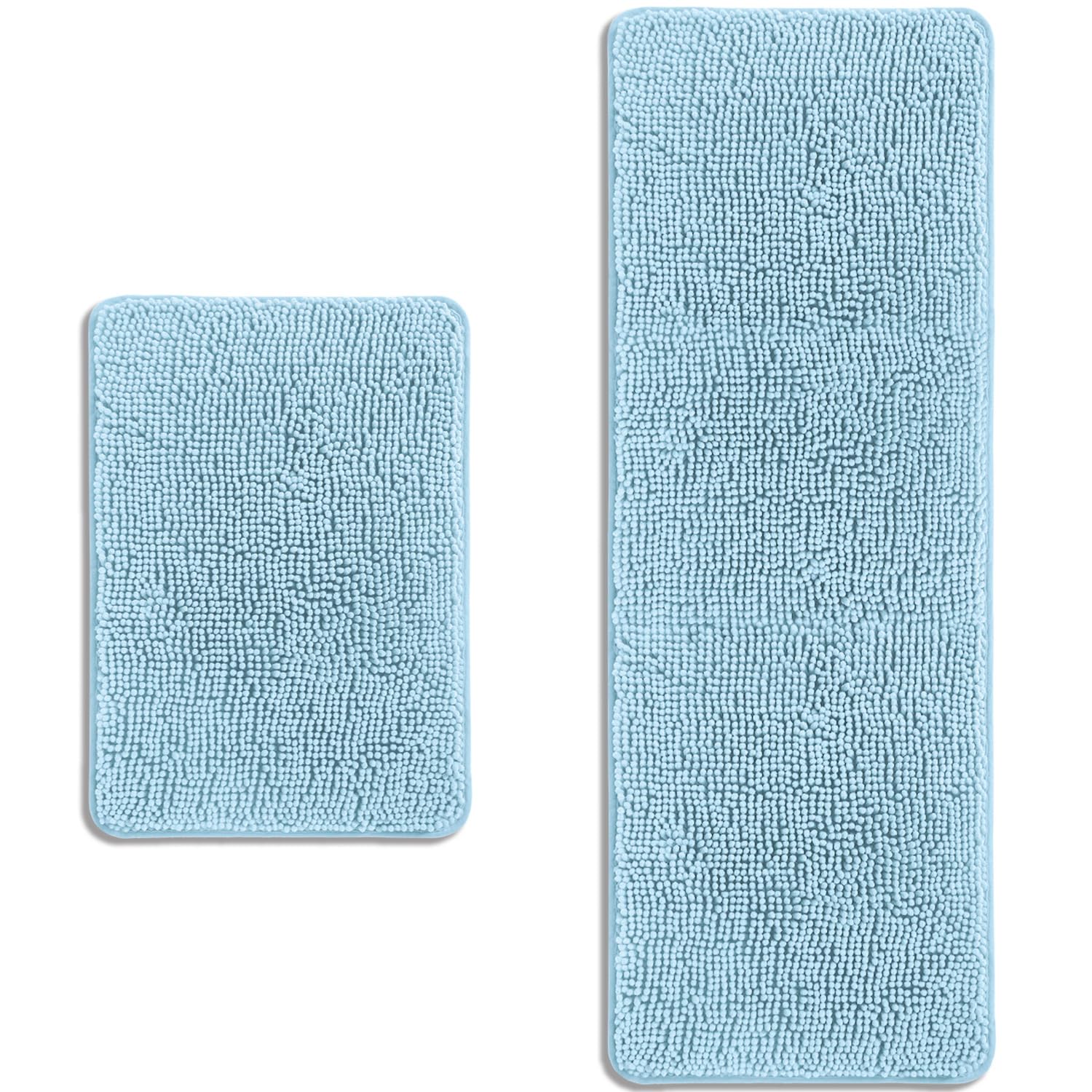 PureSwan Bathroom Rugs Sets 2 Piece – Absorbent and Washable Bath Mat, Non-Slip, Thick Soft Chenille Bath Rugs for Bathroom Floor, Shower, Sink(17" x 24"+17" x 47", Baby Blue)
