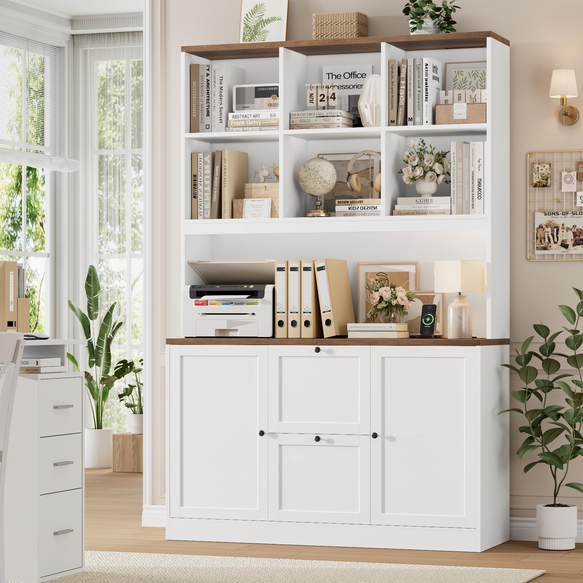 FirFurd Bibliotheque Meuble de Rangement avec Prise/USB, 2 Portes 2 Tiroirs pour Dossiers Suspendus, Armoire Bureau Bibliothèque Livre pour Salon Cuisine 116x40x182cm Blanc