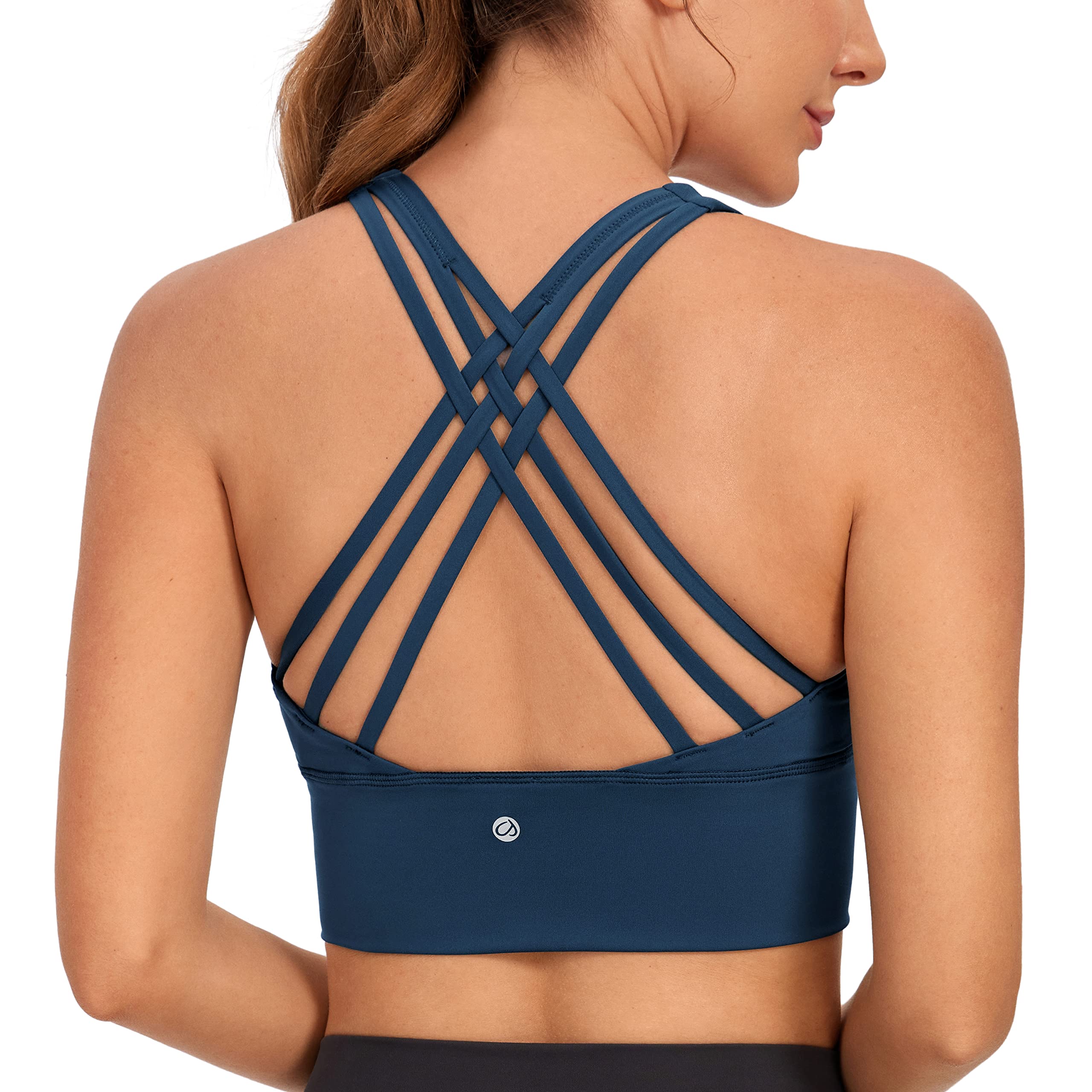 Crz Yoga Women's French Navy Longline Strappy Sports Bras Fitness Bra Wirefree Padded Yoga Crop Tops With Built In Bra Xl