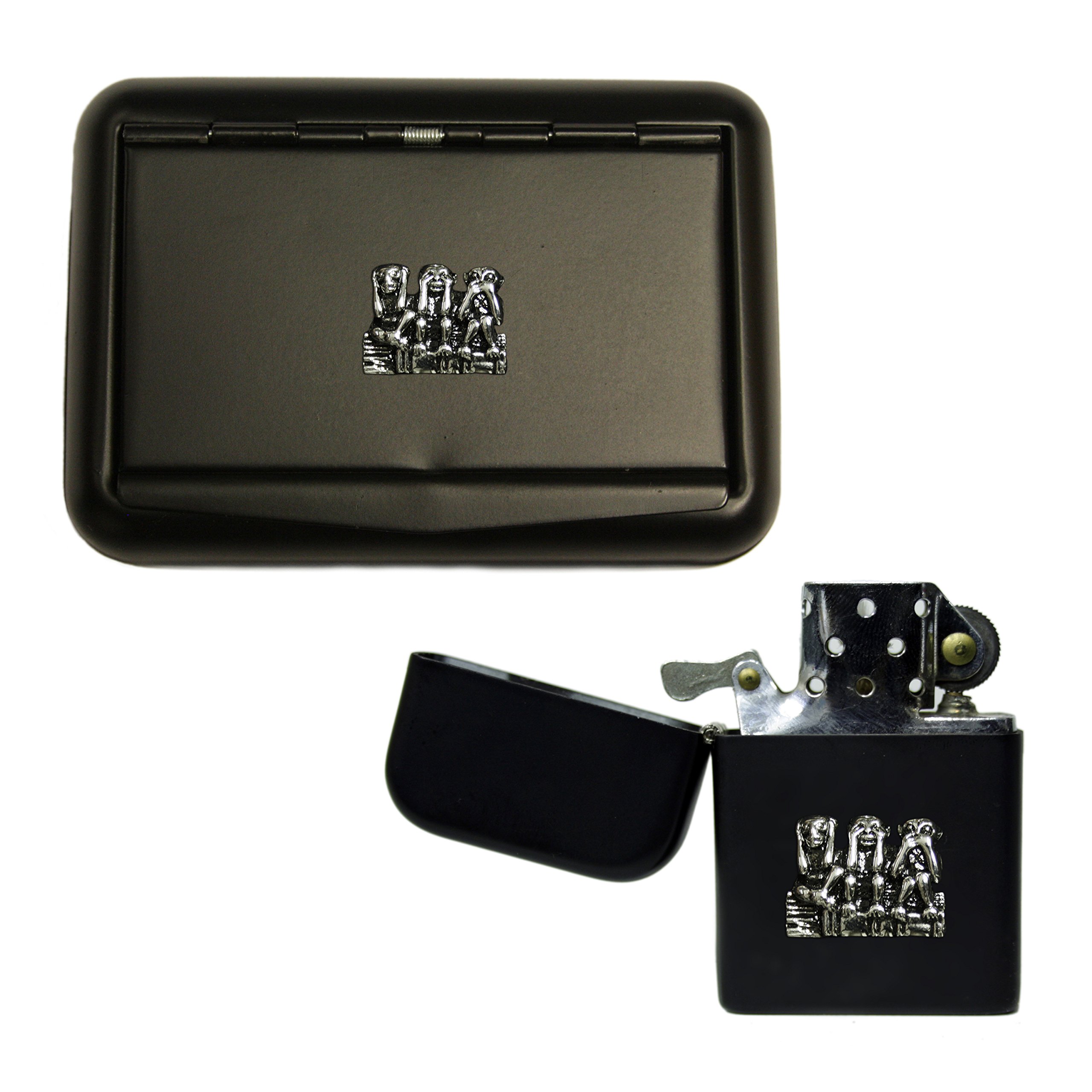 Three Wise Monkeys Matte Black Tobacco Tin and Stormproof Petrol Lighter