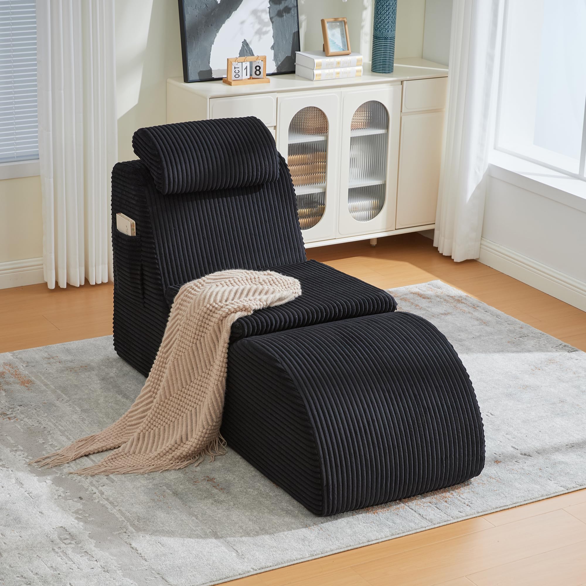 TIZZ Sillón de ocio moderno con forma ergonómica, de espuma de compresión altamente elástica, cojín de asiento extraíble y bolsillo lateral para sentarse cómodamente en el día a día. Negro