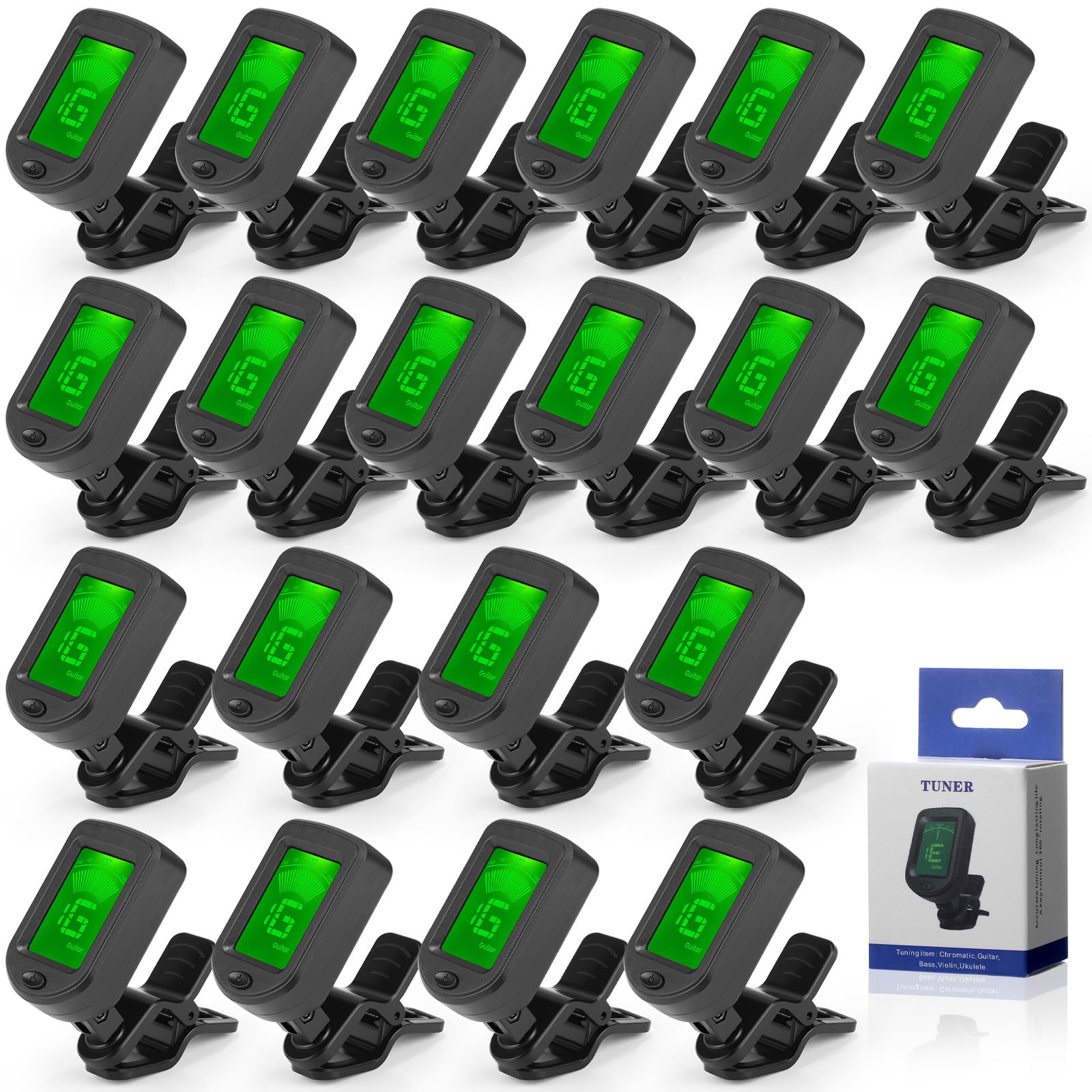 Boao 20 afinadores de guitarra, afinador de clip con modos cromáticos, pantalla LCD transparente electrónica digital, rotación de 360 grados para guitarra acústica/eléctrica, ukelele, bajo, violín